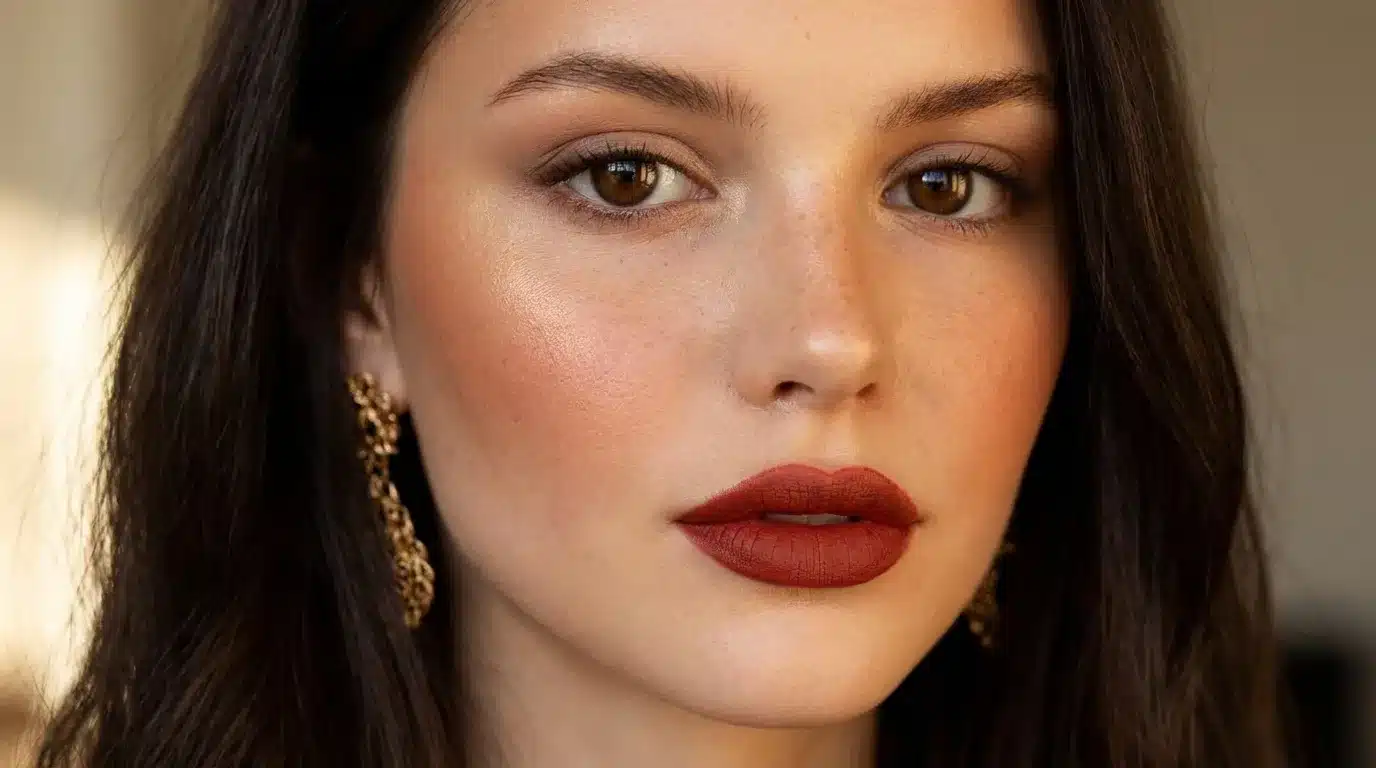 A woman with deep autumn coloring wearing a bold lip-focused makeup look featuring a deep brick red matte lip, minimal taupe eyeshadow, and soft terracotta blush.