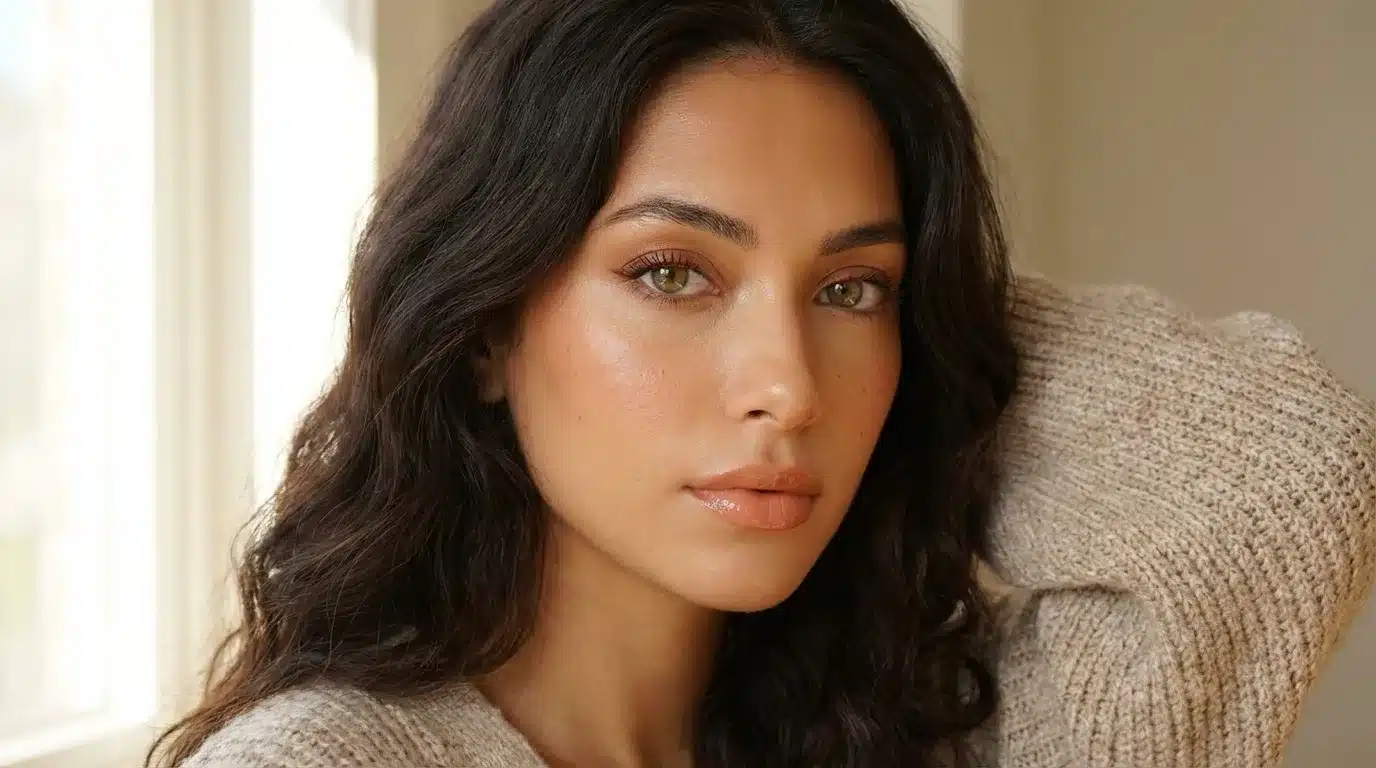 A woman with deep autumn coloring wearing a minimal everyday makeup look featuring warm caramel eyeshadow, peach blush, and a nude-brown lip gloss.