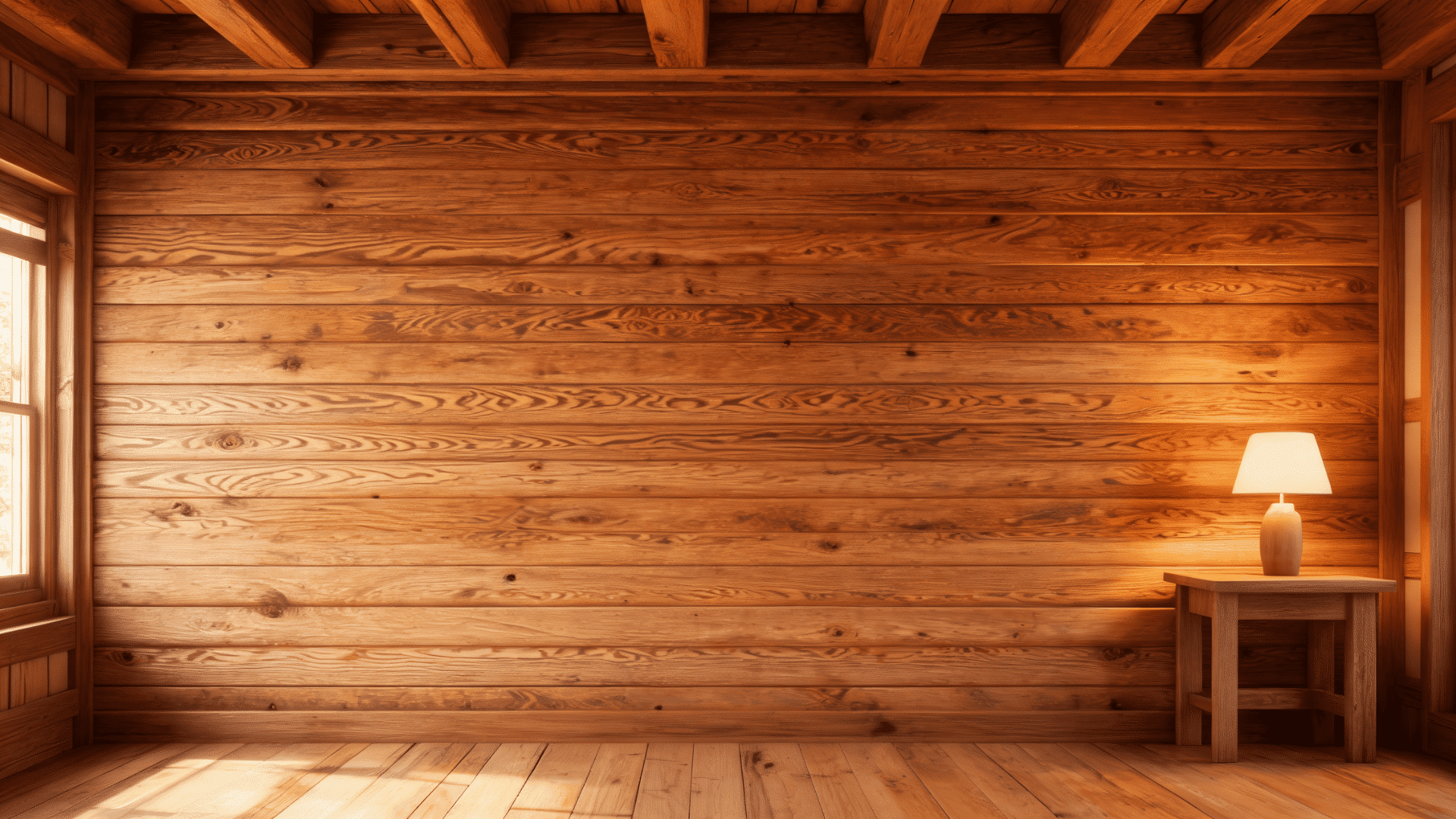 Wood accent wall with visible grain in cabin interior