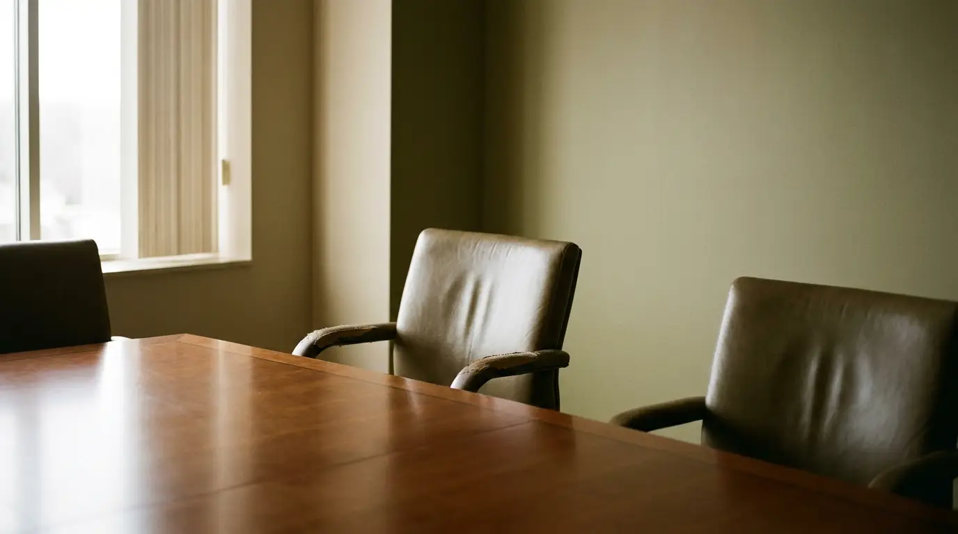 Empty conference room with leather chairs and wooden table in soft natural light