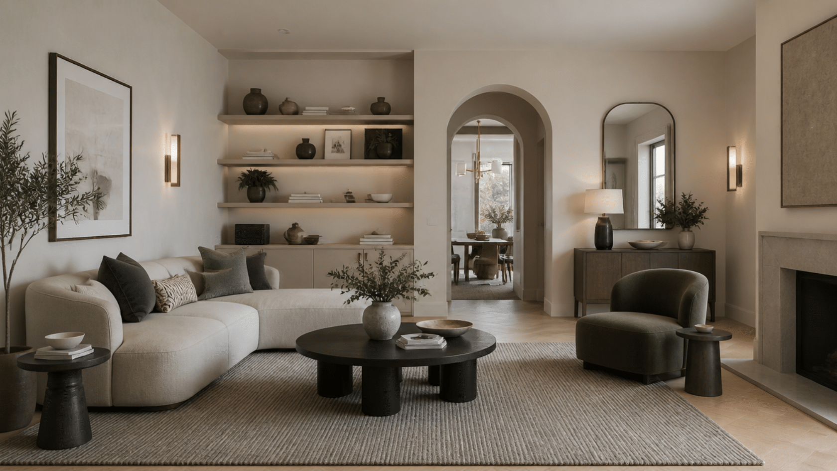 Living room with arched doorway, built-in shelves and sofa showing repetition in interior design through repeated forms
