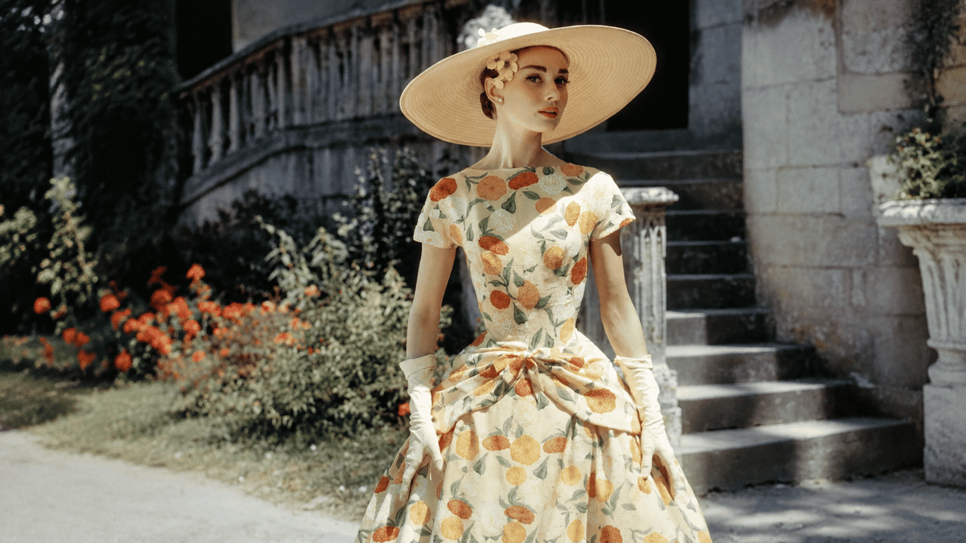 Vintage portrait of a woman in a floral dress, wide-brim hat, and gloves standing near stone steps.