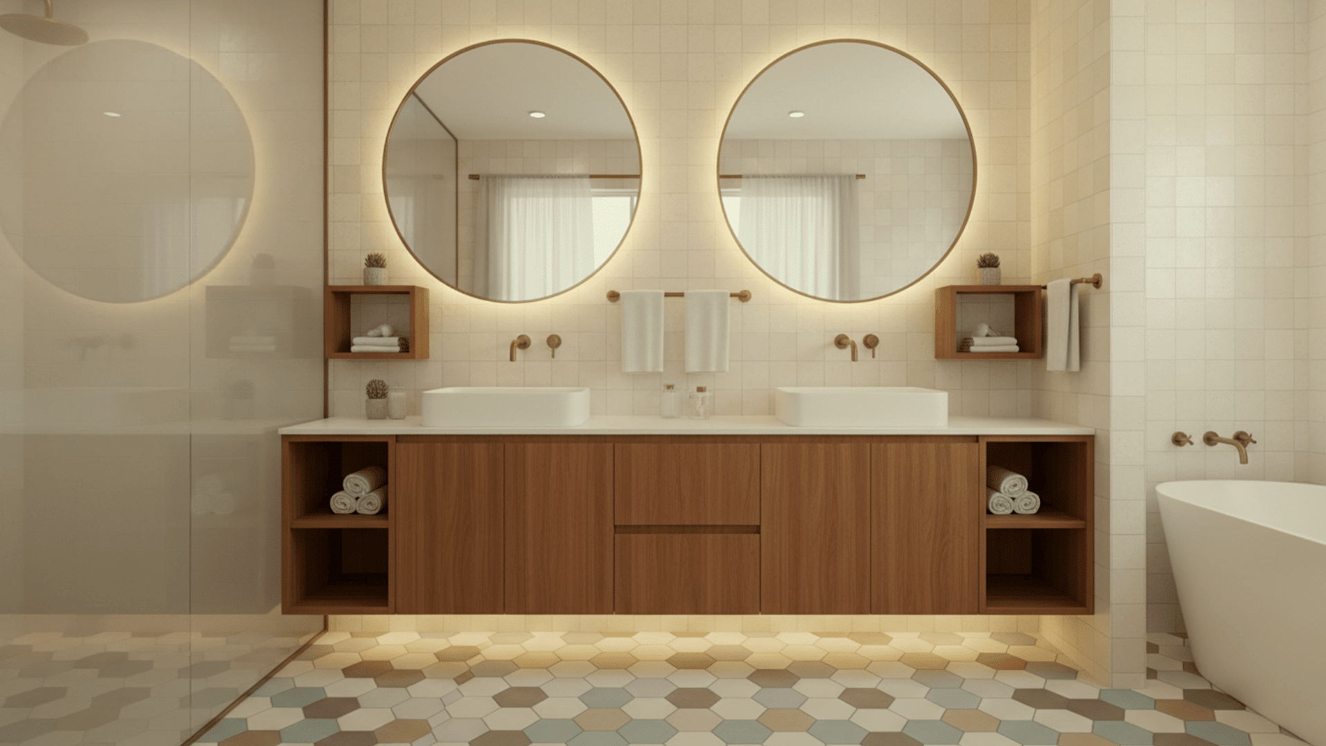 Mid-century modern bathroom with floating vanity, geometric tiles, and spa-like design