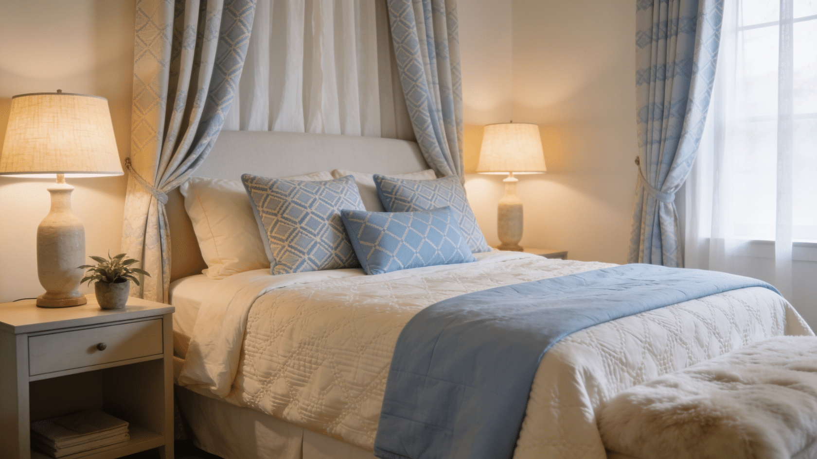 Bedroom showing repetition in interior design through matching bedding, curtains, cushions, and bedside lamps in soft tones