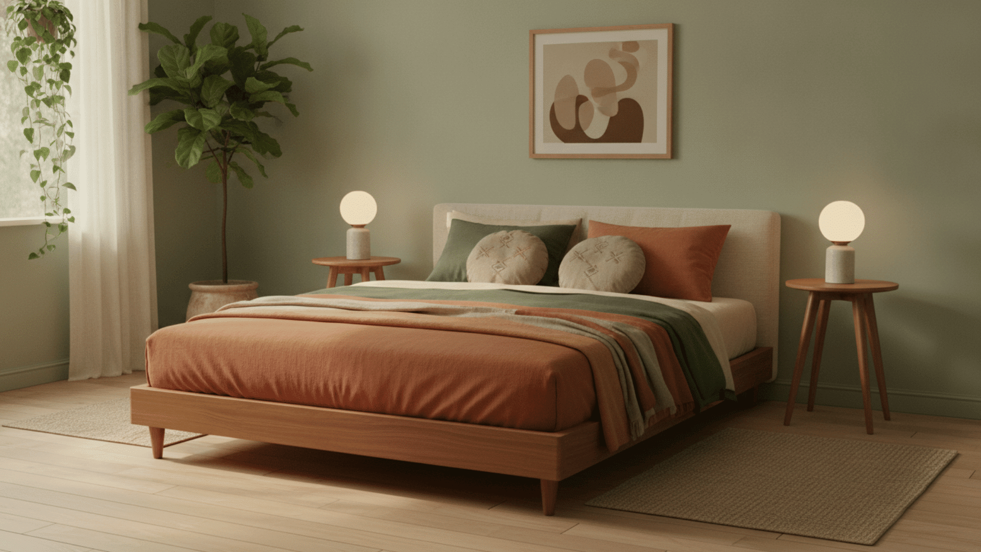 Mid-century modern bedroom with platform bed, earthy linens, and indoor plants