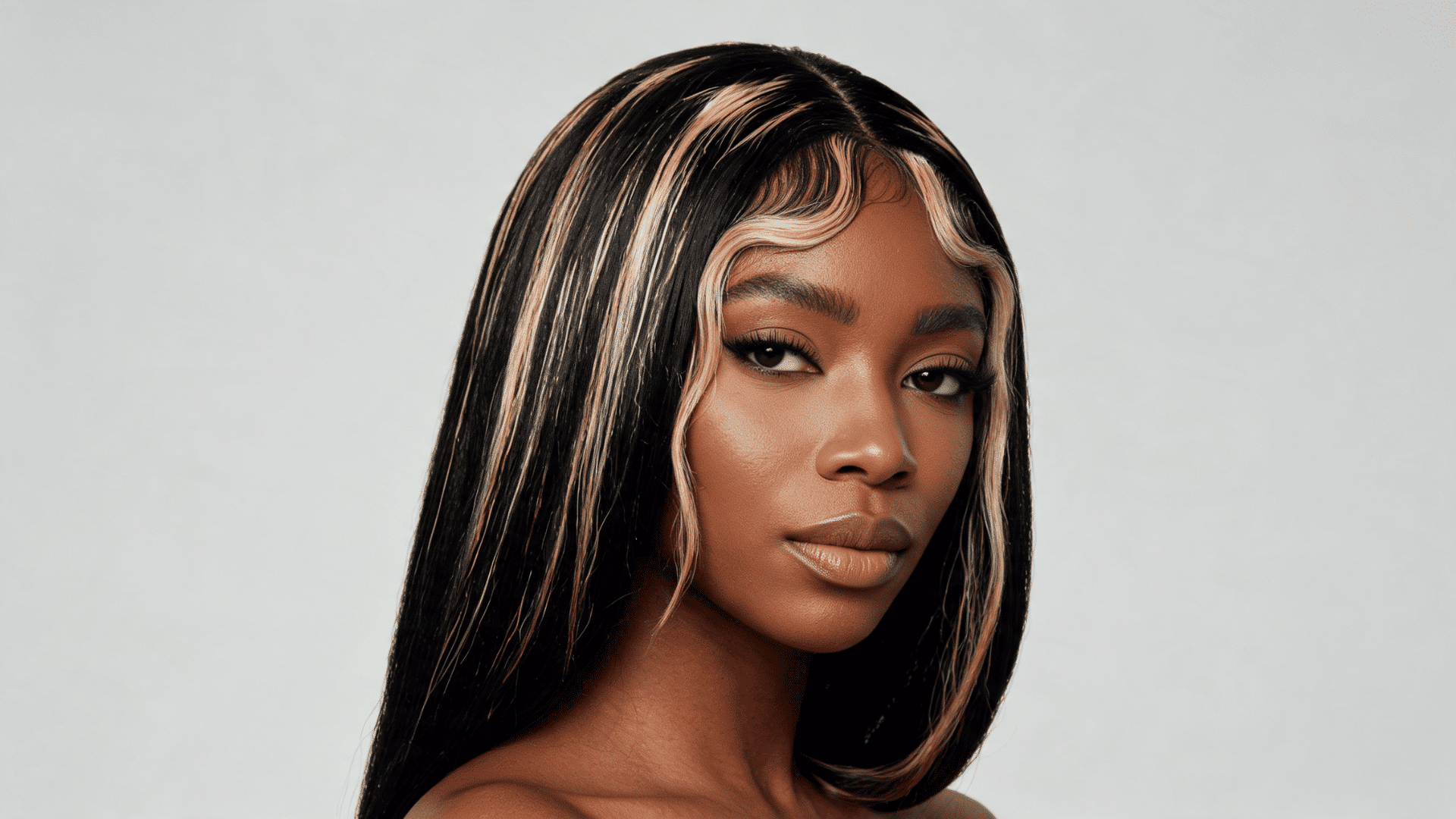 Woman wearing a black sew-in with blonde highlights creating contrast and dimension