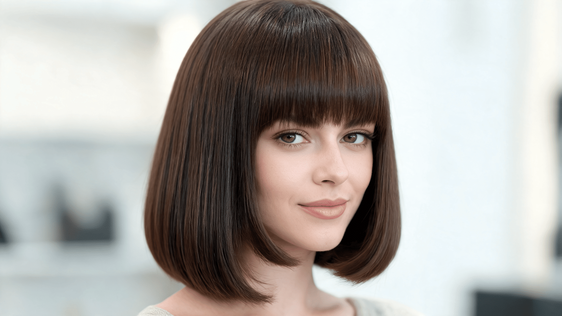 Woman with a bob sew-in hairstyle featuring full bangs and a smooth rounded haircut shape.