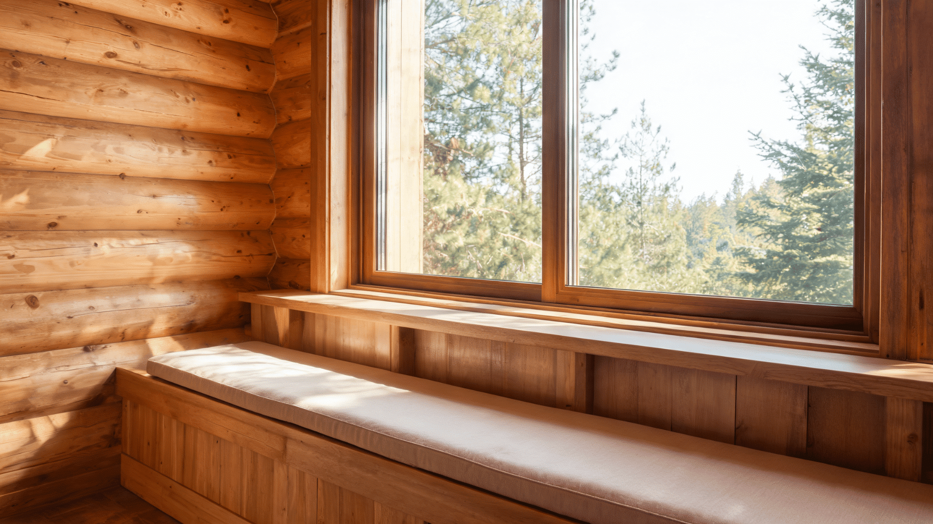 Wooden built-in bench under a cabin window with outdoor view
