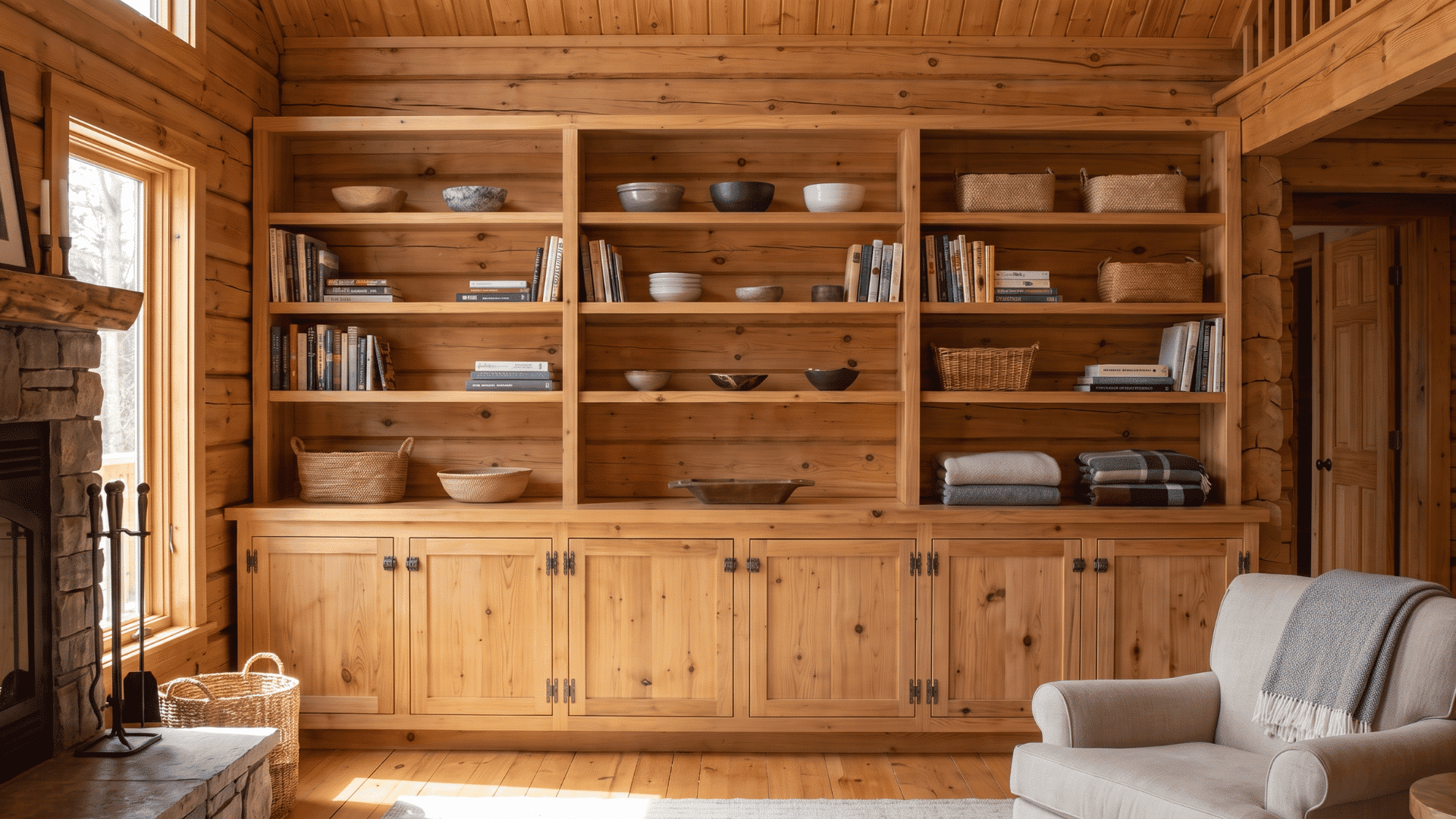 Built-in wooden shelves and cabinets in cabin wall
