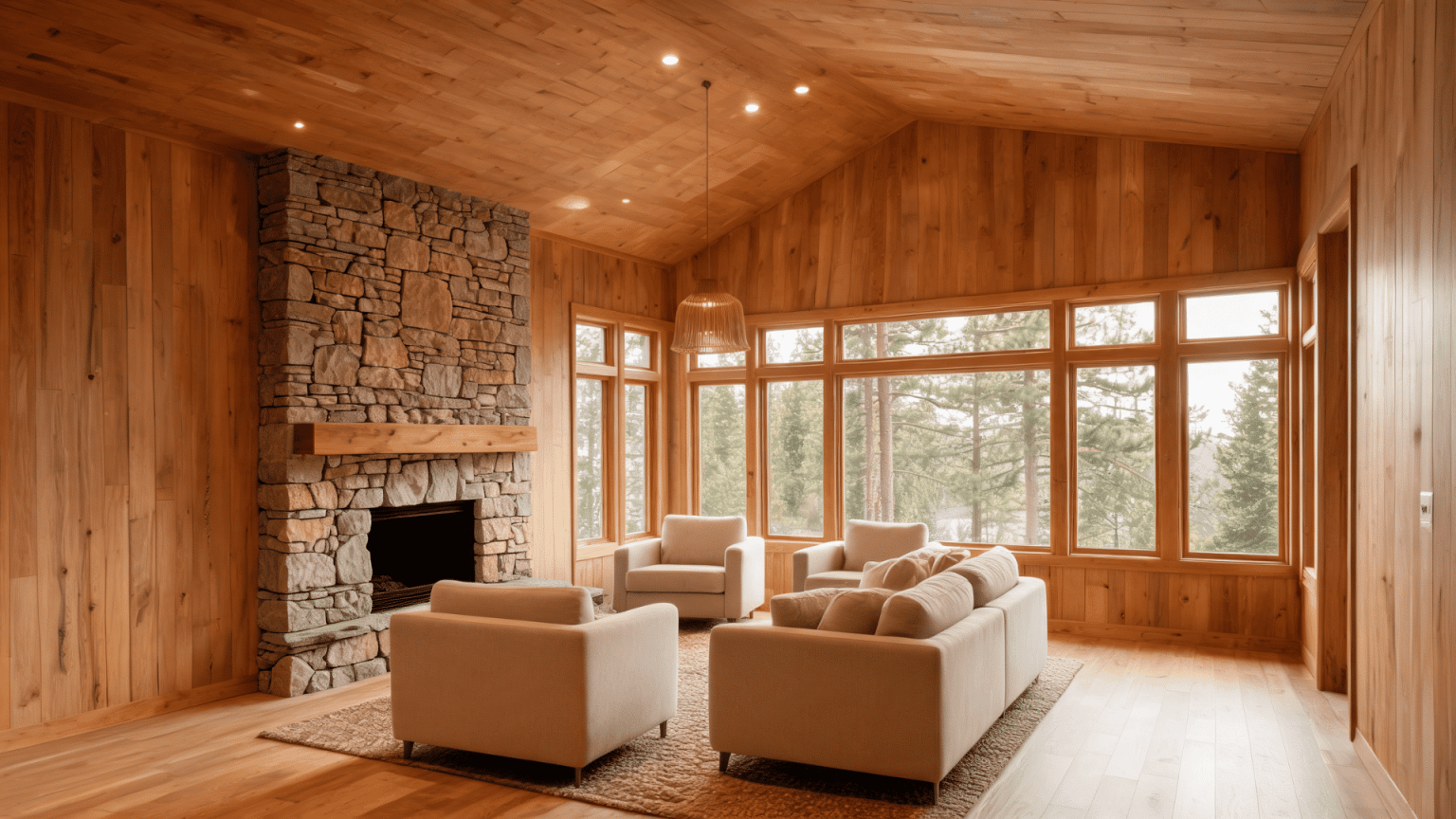 Cabin interior with wood walls, stone fireplace, large windows and seating,