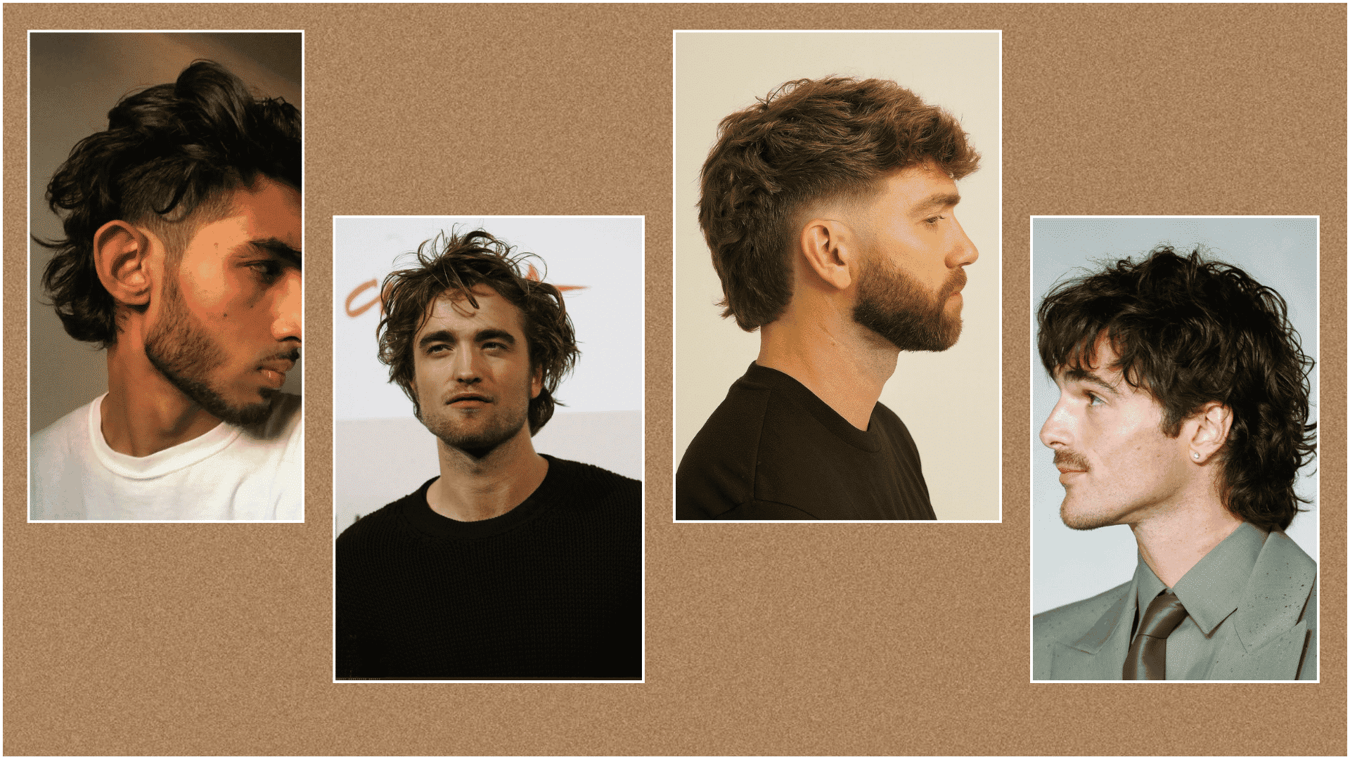 Collage of four men showcasing short mullet haircut variations, featuring different textures, fades, and lengths with side profile styling examples.
