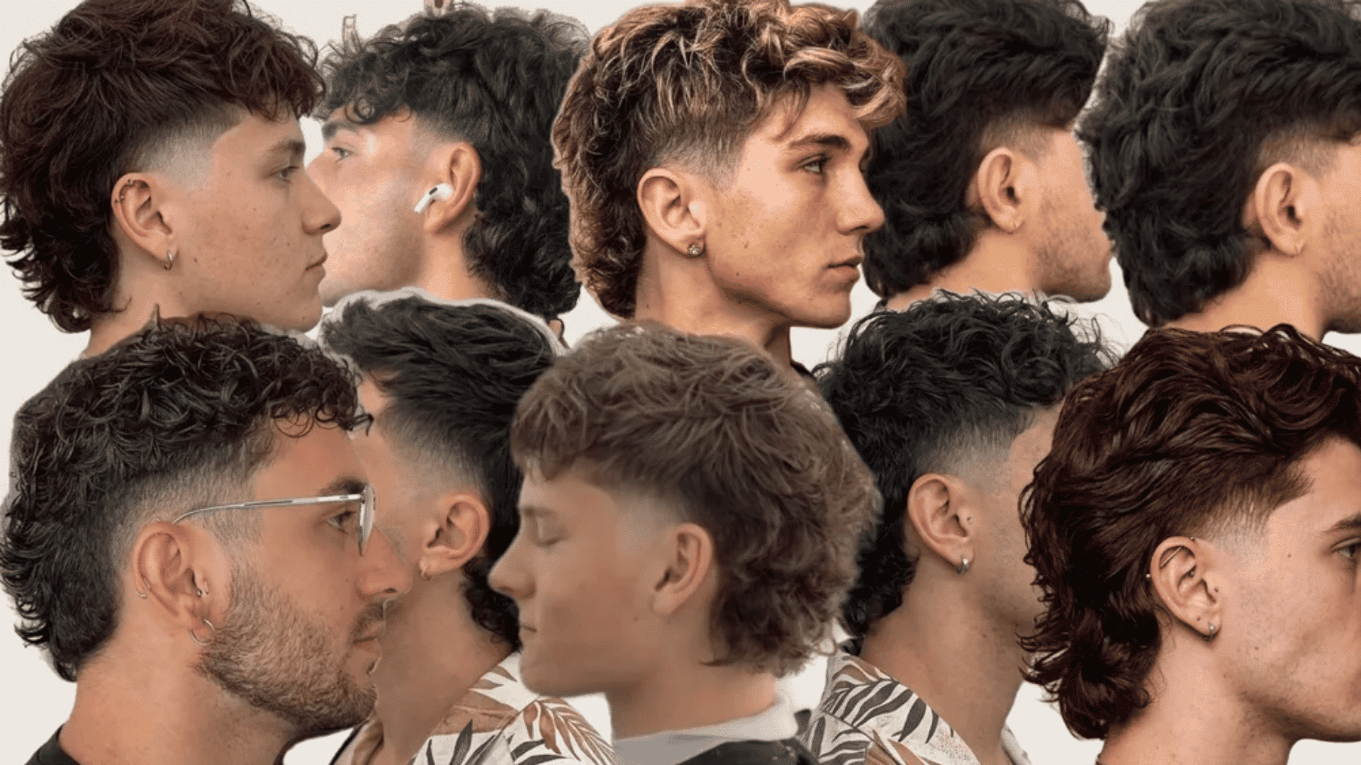 Collage of men showing short mullet haircut variations with different textures, fades, and lengths in side profile views.