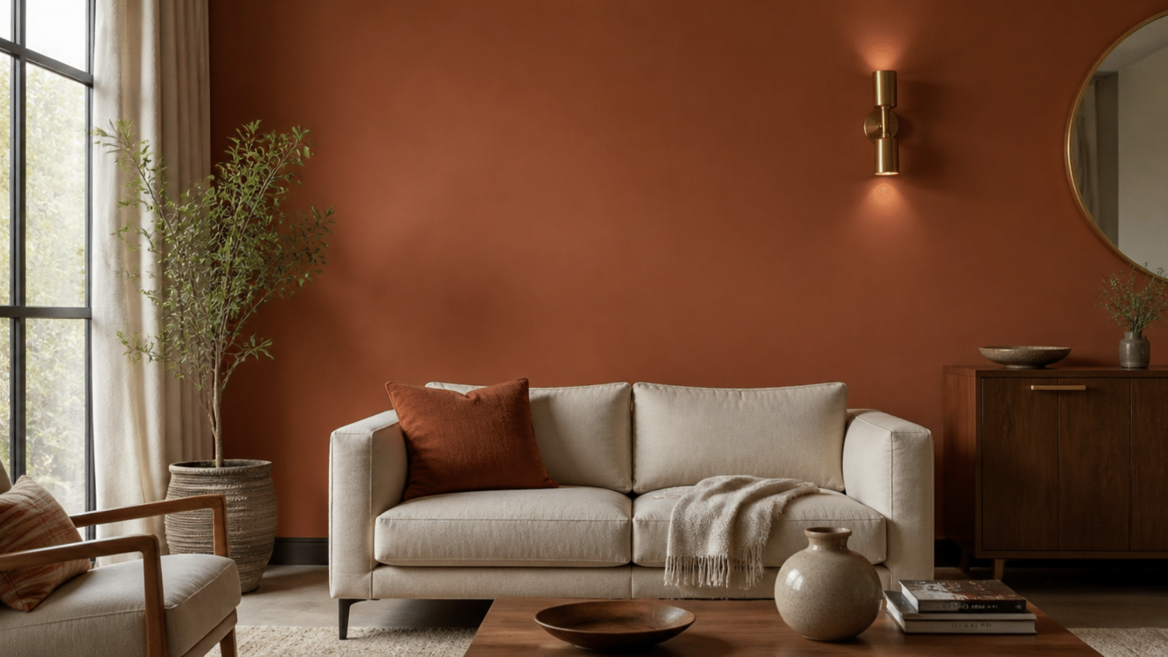 Warm living room showing repetition in interior design through repeated terracotta color tones and brass finishes across wall, lighting, and decor elements