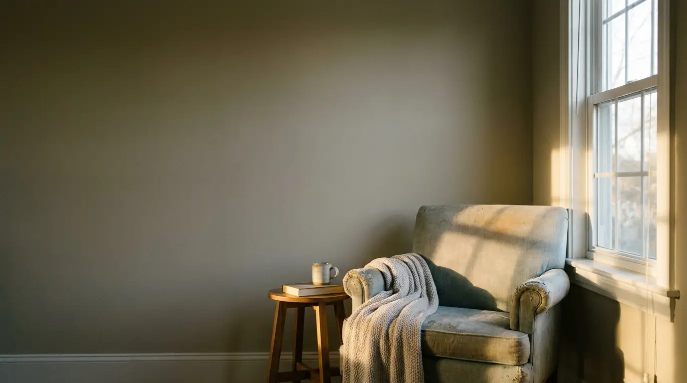 Cozy armchair with knitted blanket beside window in sunlit room