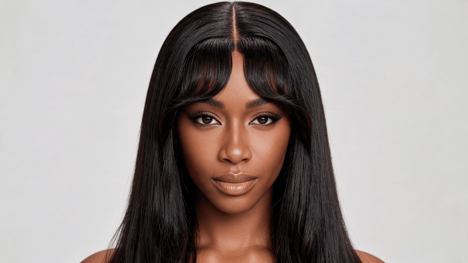 Woman wearing a straight sew-in with center-parted curtain bangs framing her face