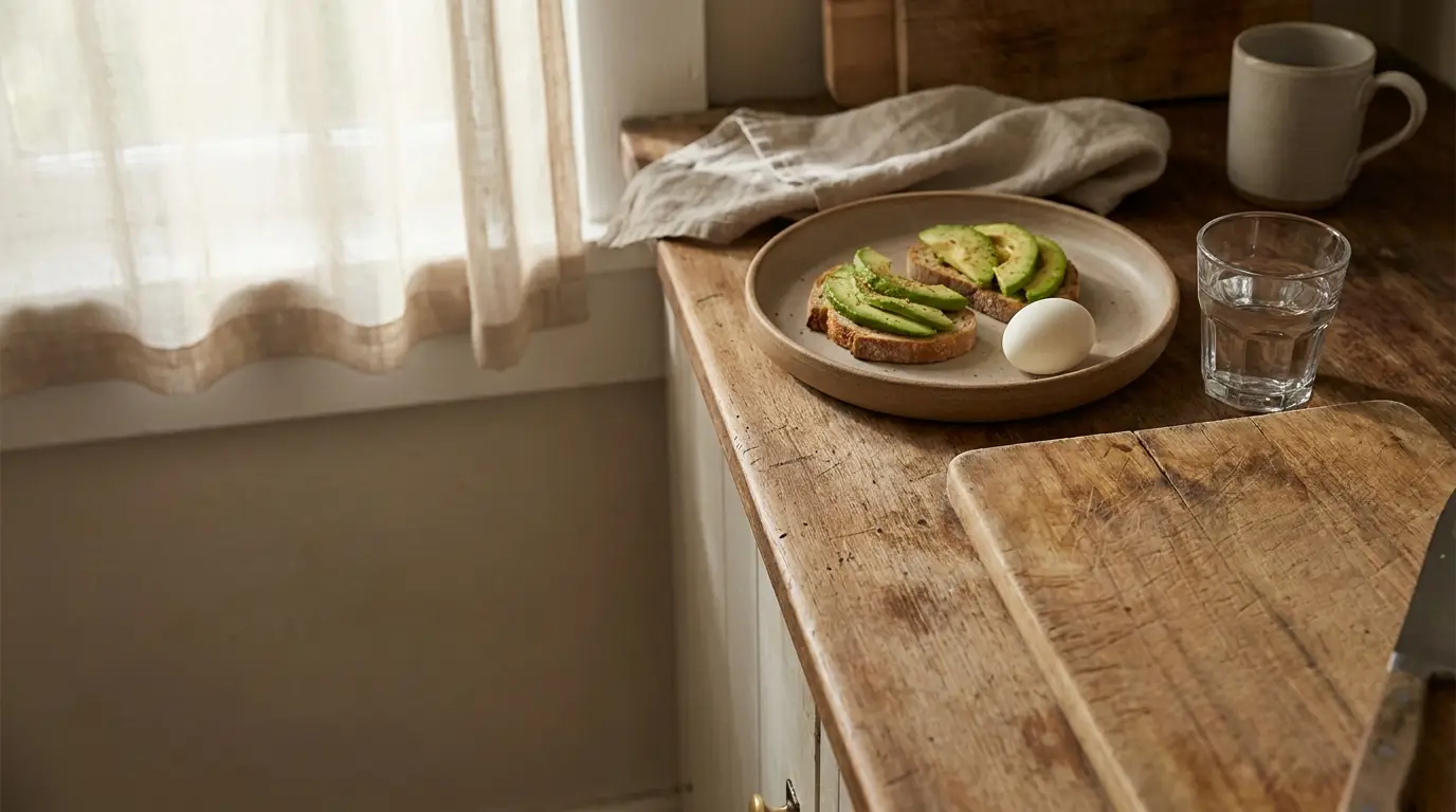 Avocado toast with egg on ceramic plate beside glass of water in rustic kitchen