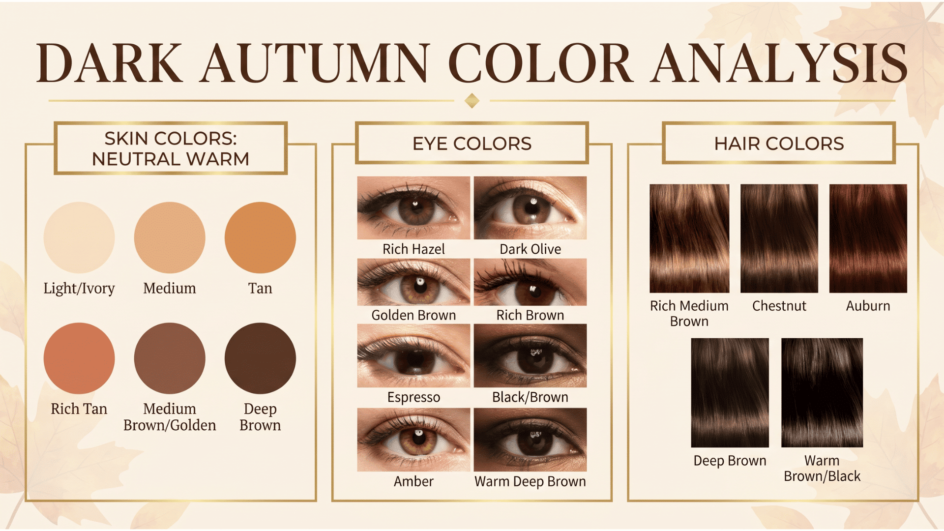Dark Autumn color analysis chart showing skin, eye, and hair color combinations for warm, deep autumn colouring.