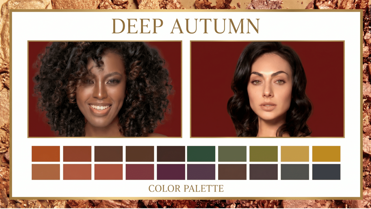 "Deep Autumn color palette" infographic featuring two models and warm, rich earthy tone swatches.