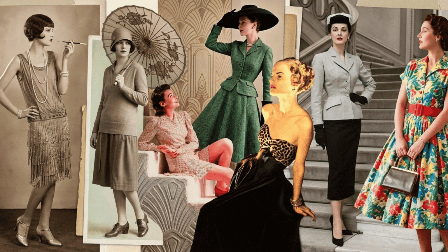 Old Hollywood outfits collage showing women in flapper, tailored, satin, and colorful 1950s-inspired styles.
