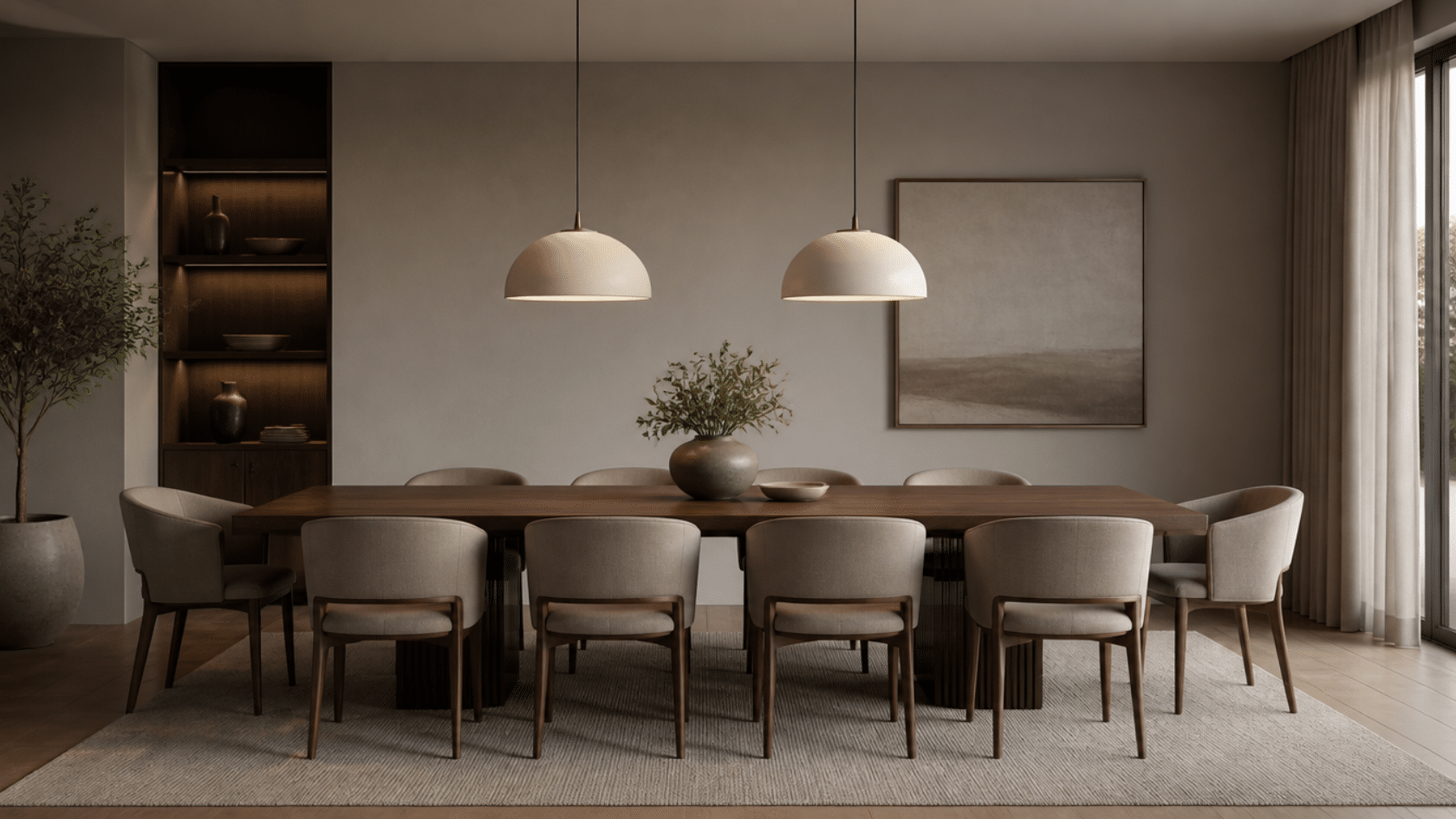 Dining area showing repetition in interior design through coordinated seating, lighting, and table setup