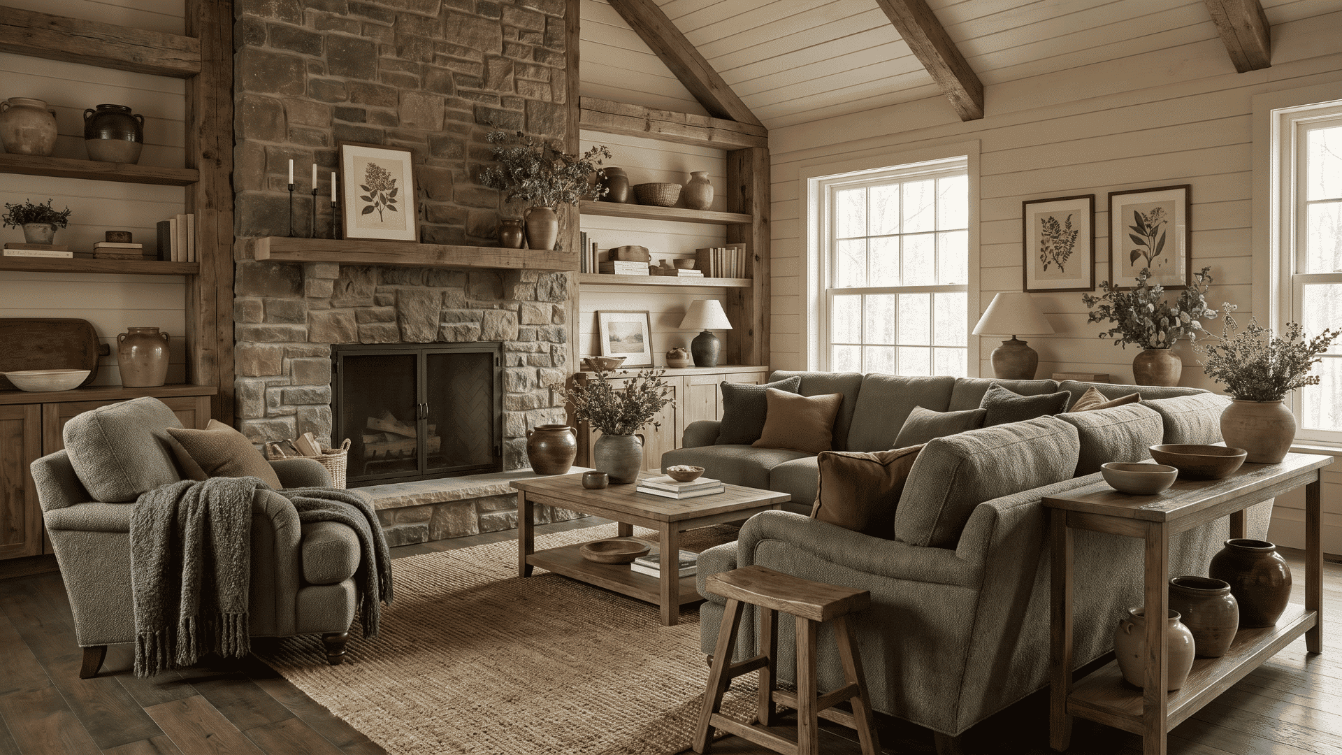 Cabin interior with brown beige and green color tones