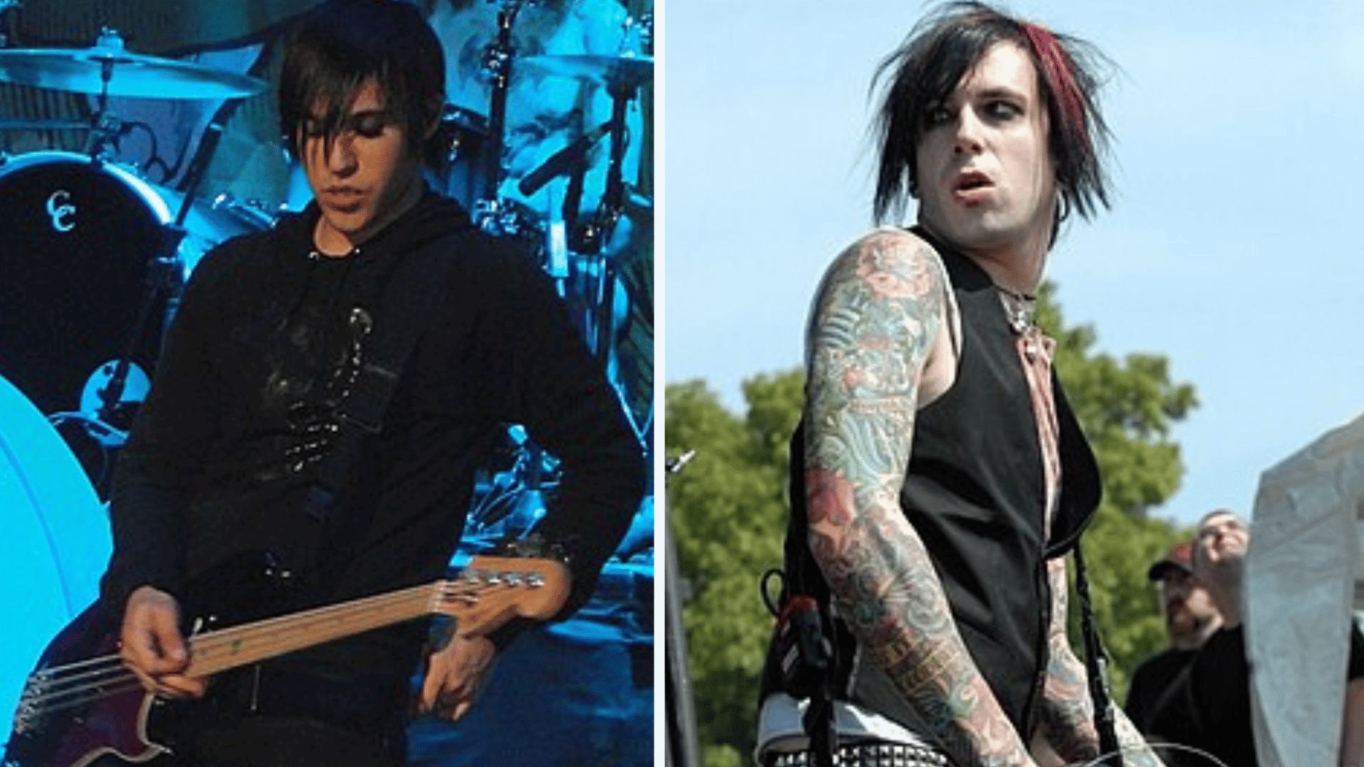 Emo music performers playing instruments with alternative fashion, dark hairstyles, and expressive stage styles.