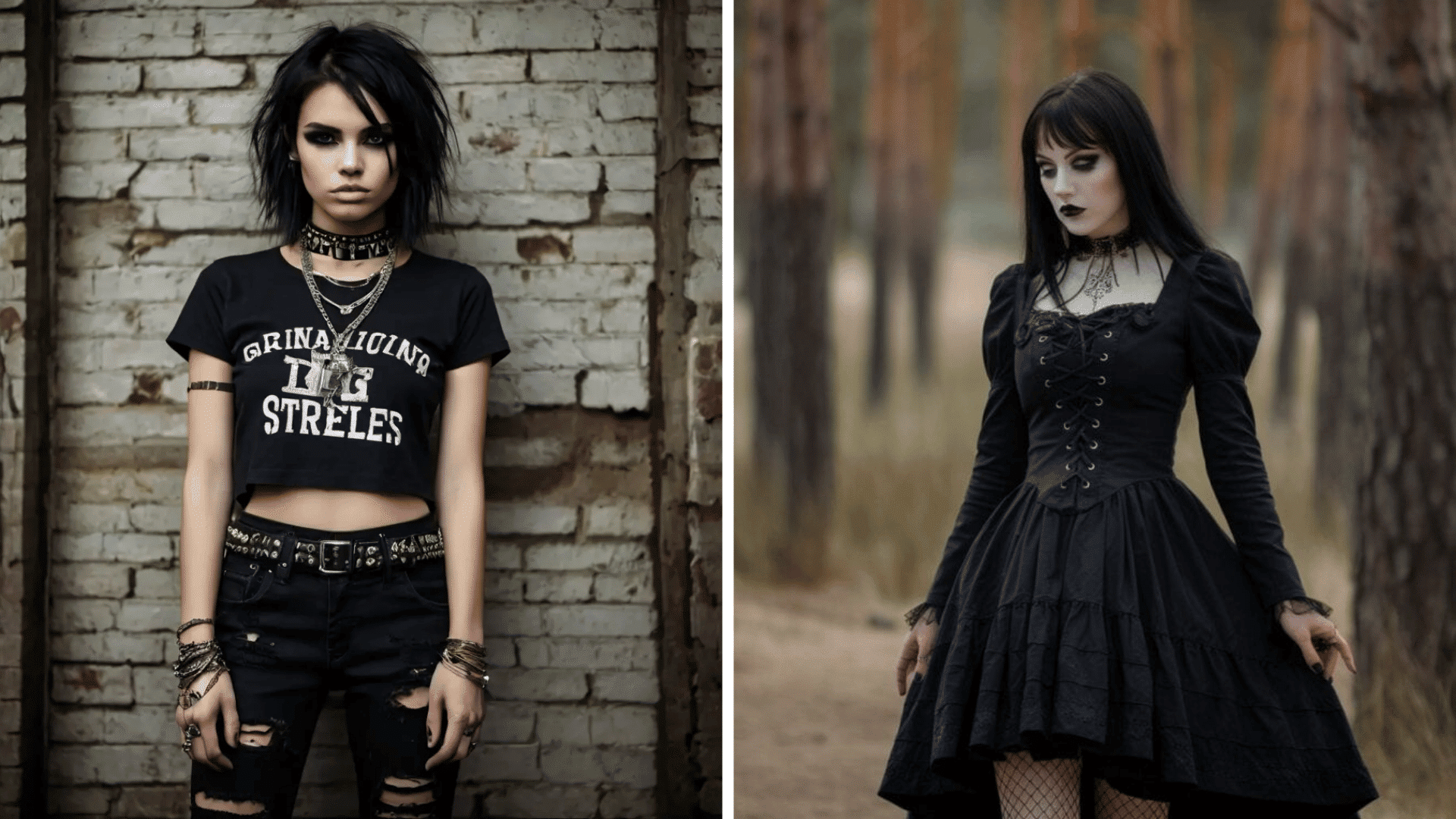 Emo and goth style comparison showing two people in dark alternative fashion with different aesthetics.