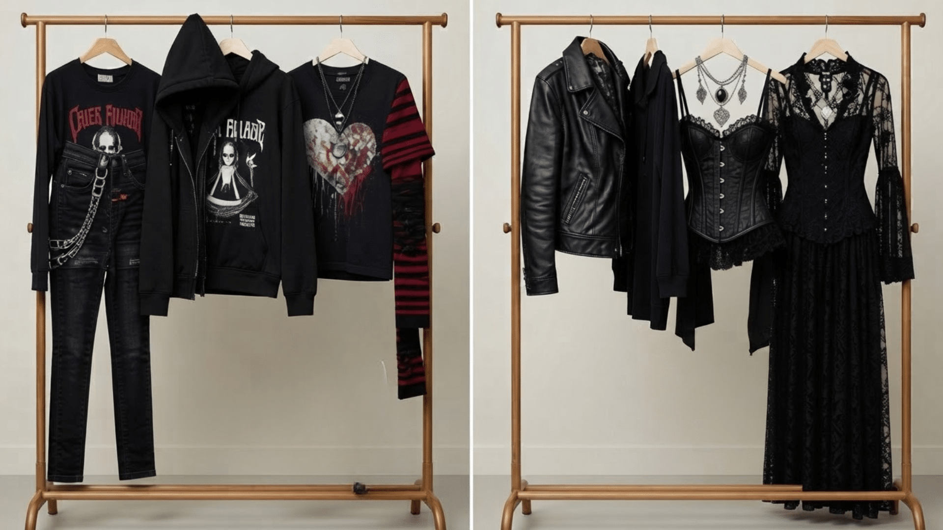 Scene vs emo clothing styles displayed on racks with black outfits, graphic shirts, leather jacket, and lace dresses.
