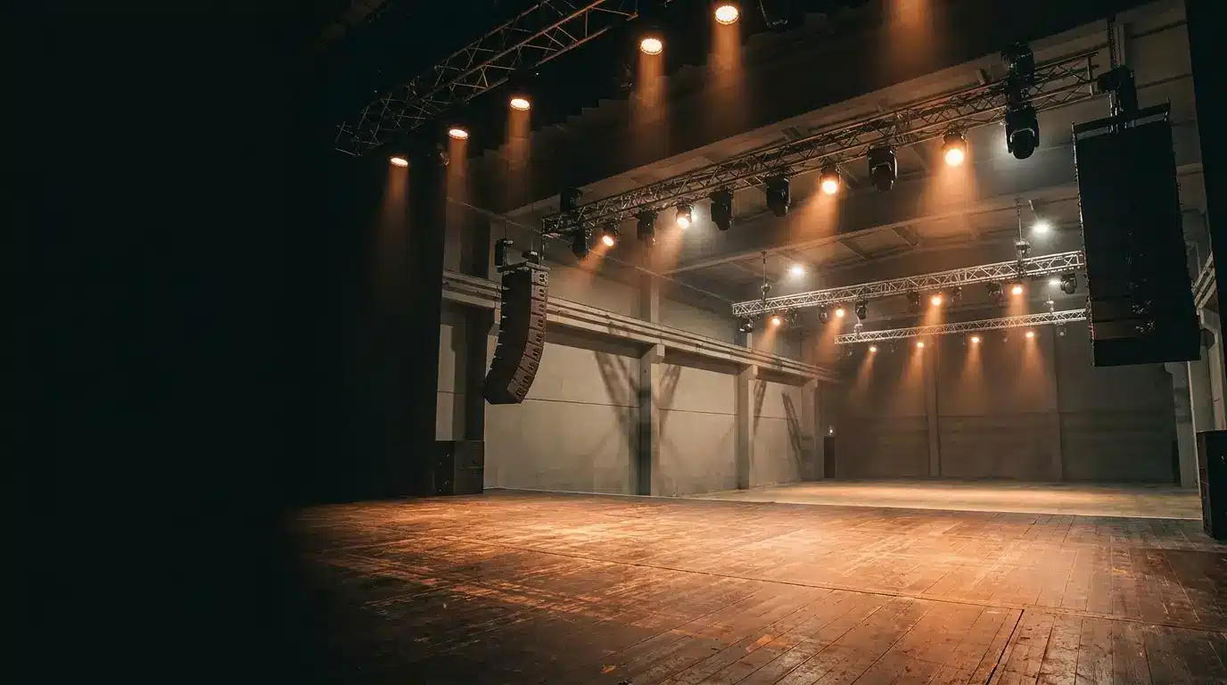 Empty stage with overhead lights and speakers in a dimly lit auditorium