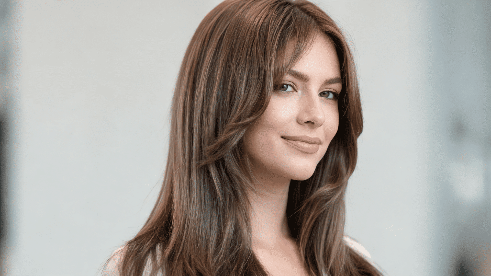 Woman with a long layered sew-in hairstyle featuring soft layers and added movement throughout the length.