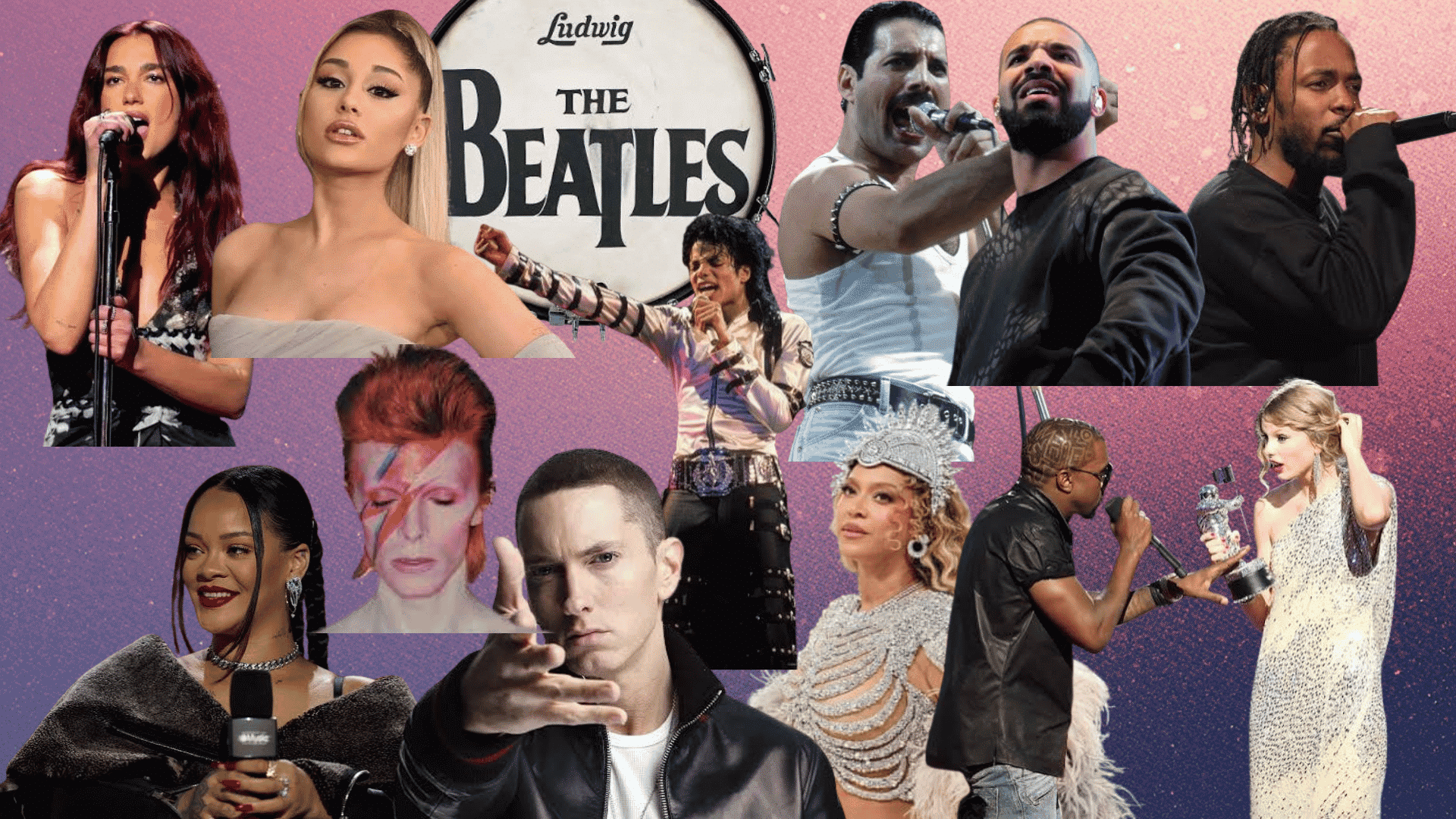 Collage of famous musicians including Taylor Swift, Eminem, Rihanna, Beyoncé, and The Beatles logo