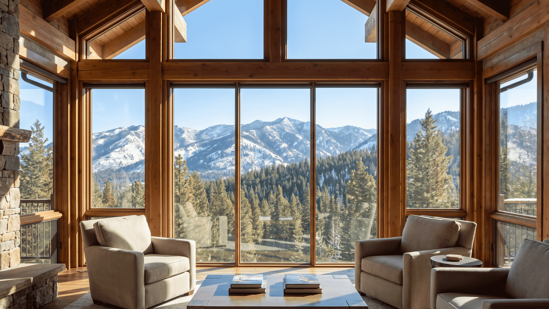 Large glass windows showing outdoor view in cabin interior