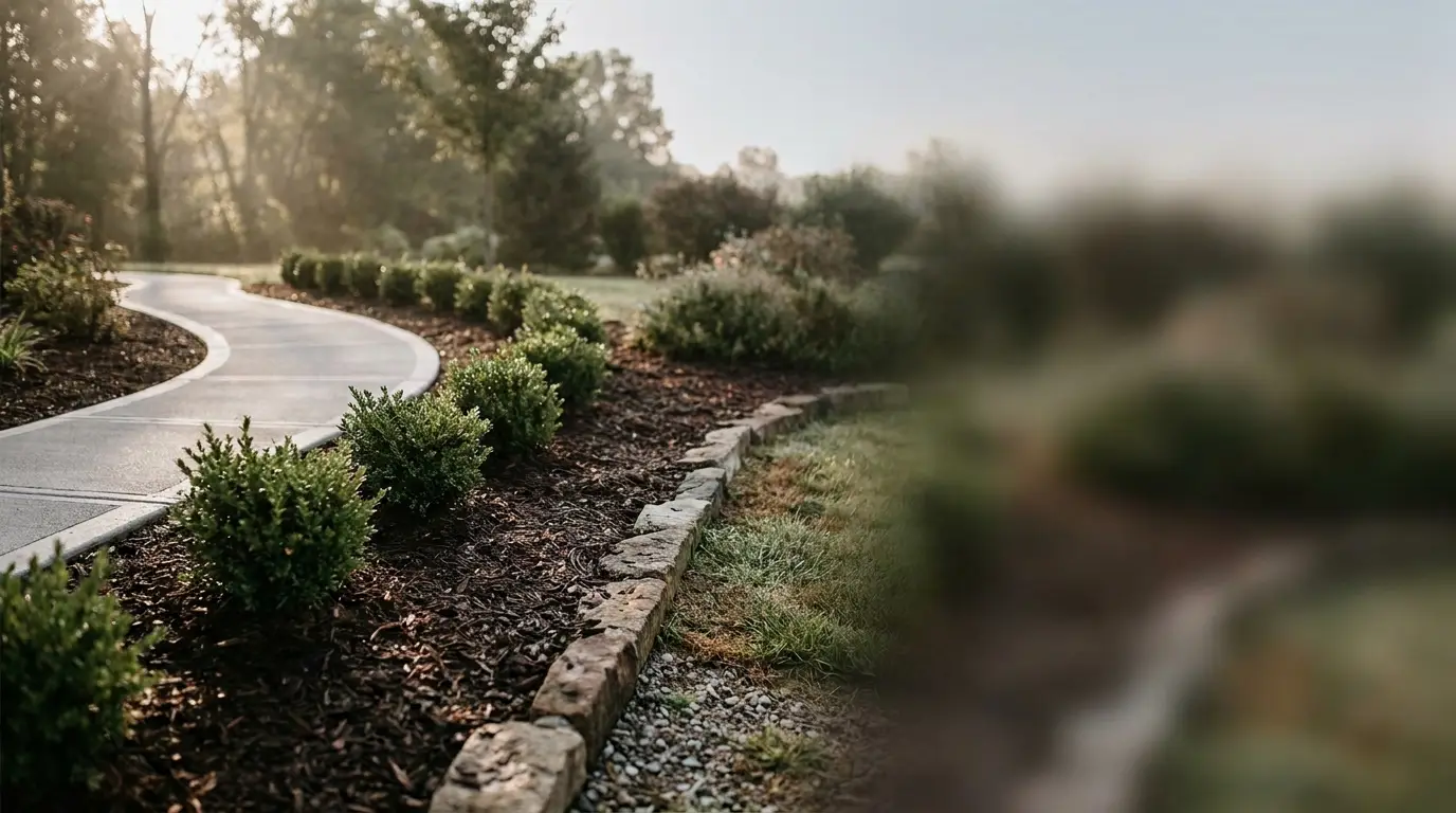 Curved concrete path lined with lush green shrubs in a sunlit garden setting