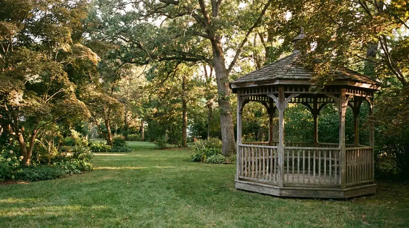 Wooden gazebo surrounded by lush greenery and trees in sunlit garden setting