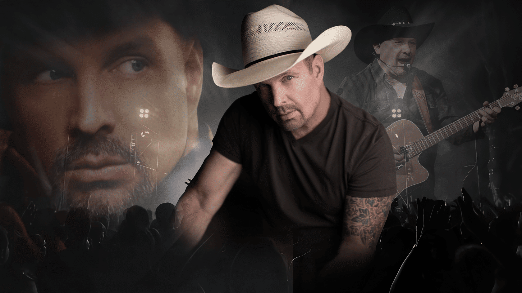 Garth Brooks wearing a cowboy hat and black shirt with guitar performance scenes in a dark concert collage background.