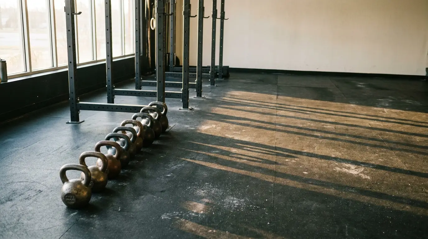 Row of kettlebells lined up on gym floor with natural light streaming through windows