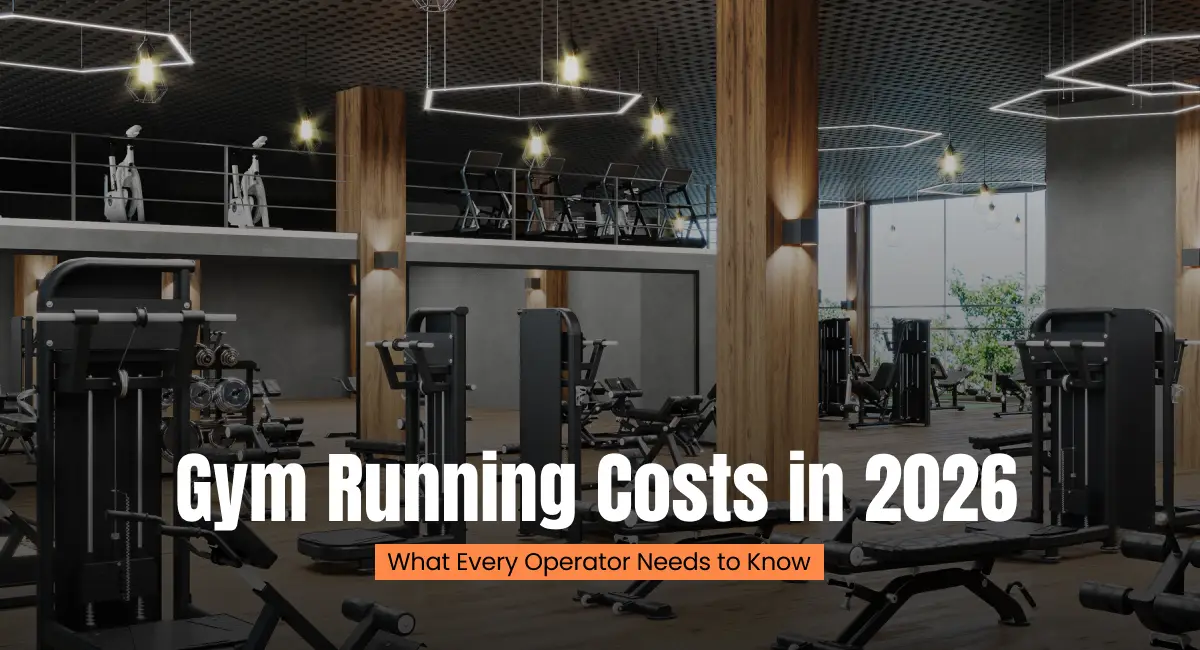 Modern gym interior with fitness equipment, wooden columns, and ambient lighting fixtures