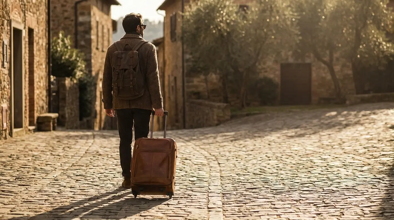 Person walking with suitcase on cobblestone street in rustic village setting