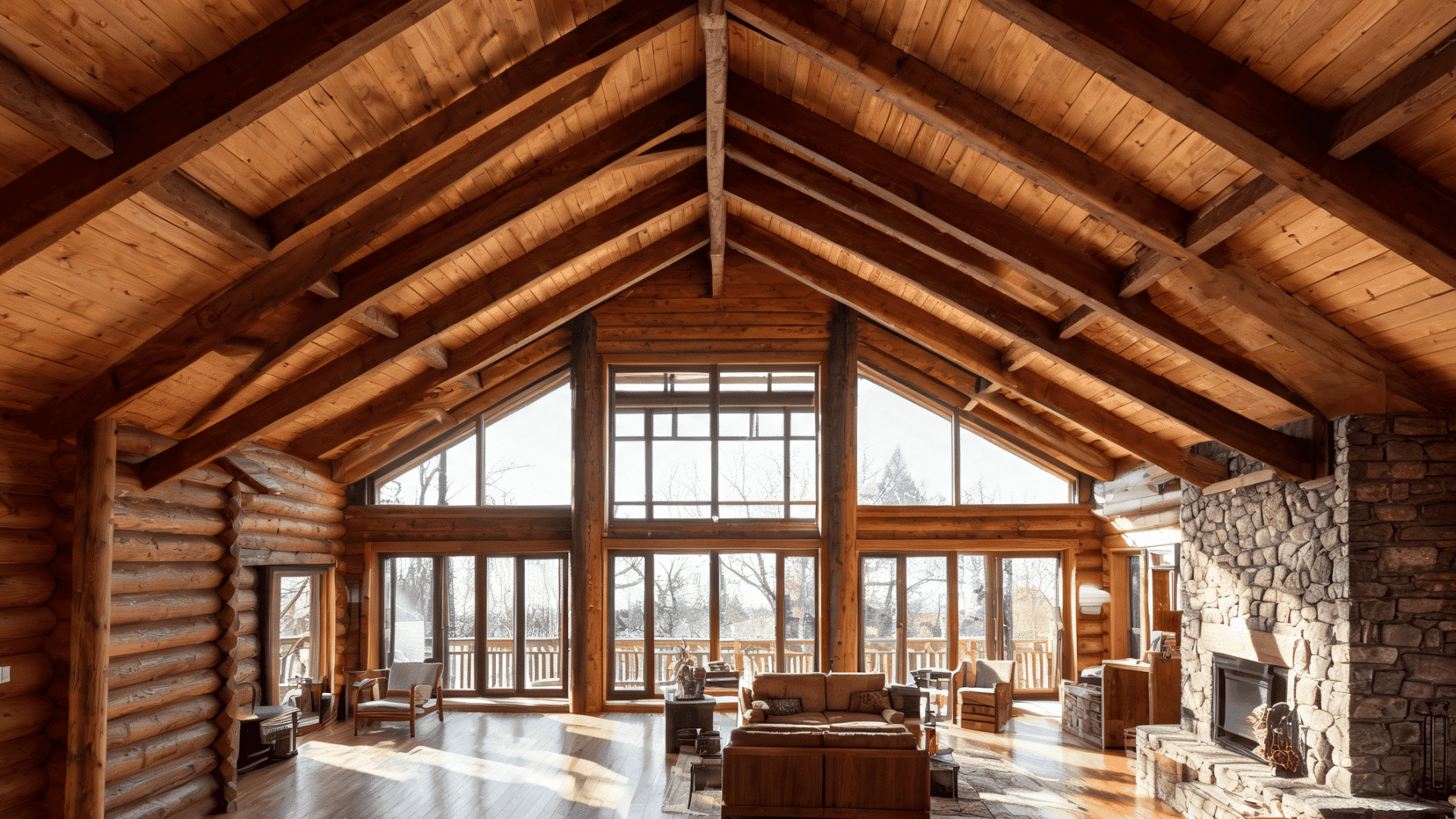 Tall wooden vaulted ceiling in spacious cabin interior