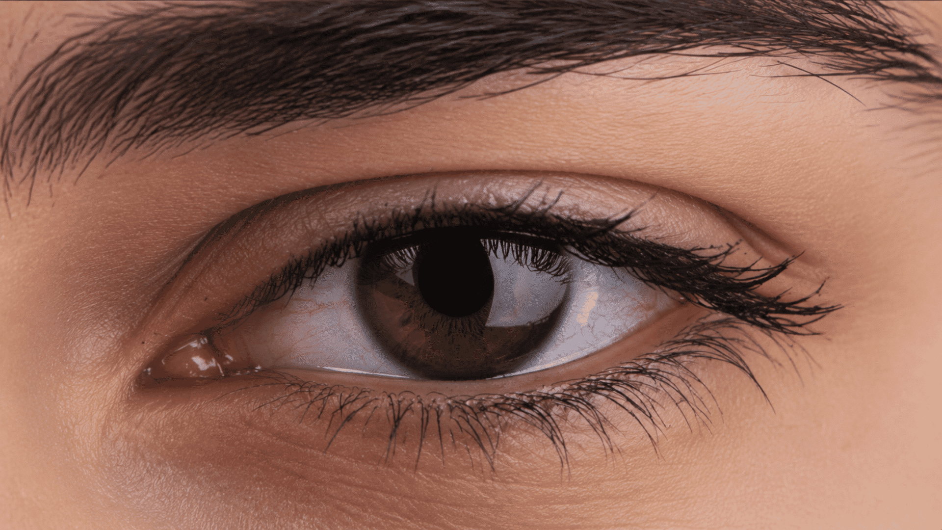 Close-up of a brown eye with hooded eyelid and visible eyelid crease, eyebrow and eyelashes visible