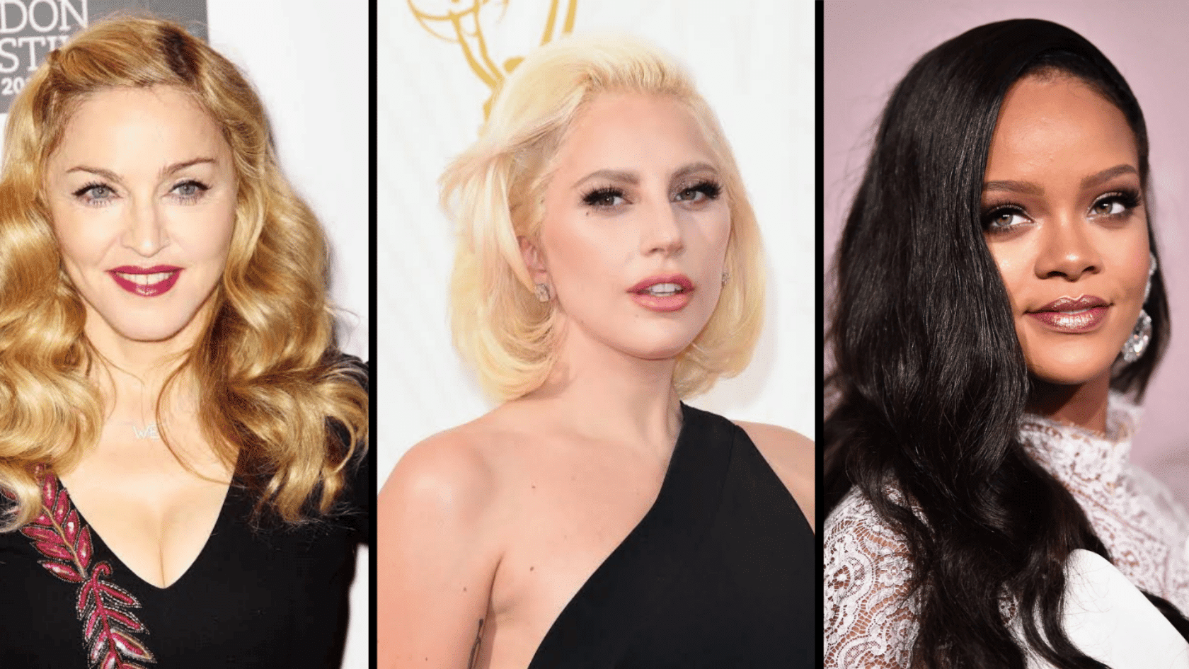 Madonna, Lady Gaga, Rihanna portraits side by side