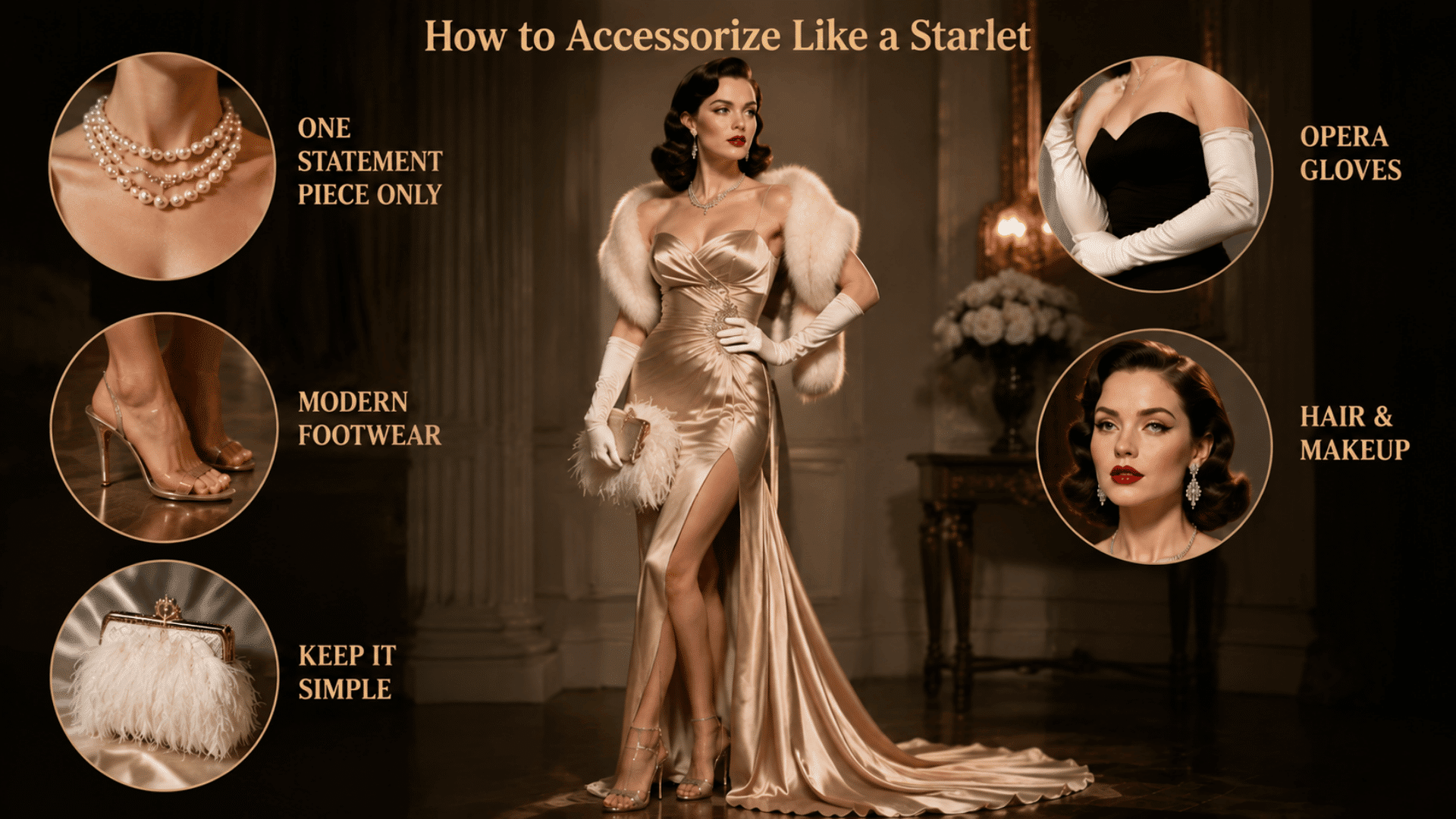 Elegant Old Hollywood poster with gown, pearls, gloves, heels, vintage styling. Classic cinematic glamour and refined details.