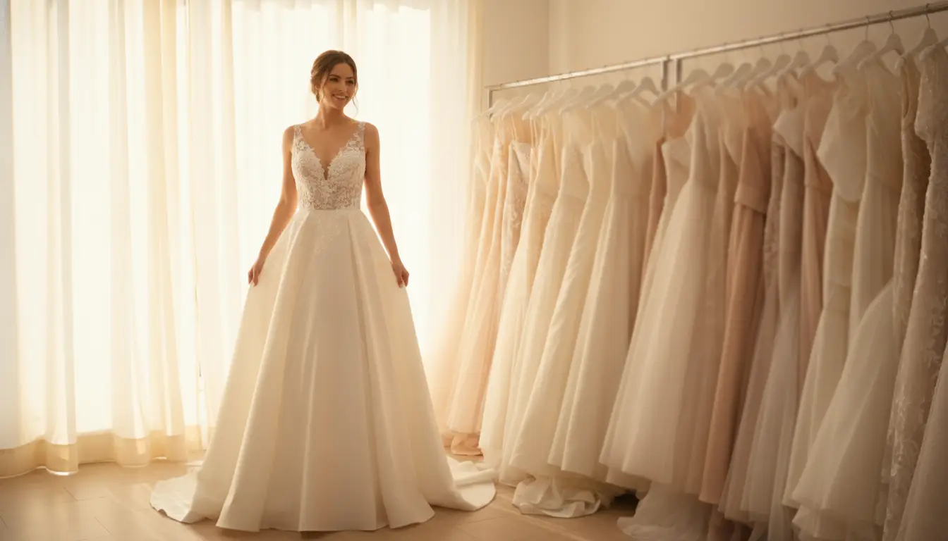 Bride in lace wedding dress standing by bridal gowns in softly lit room