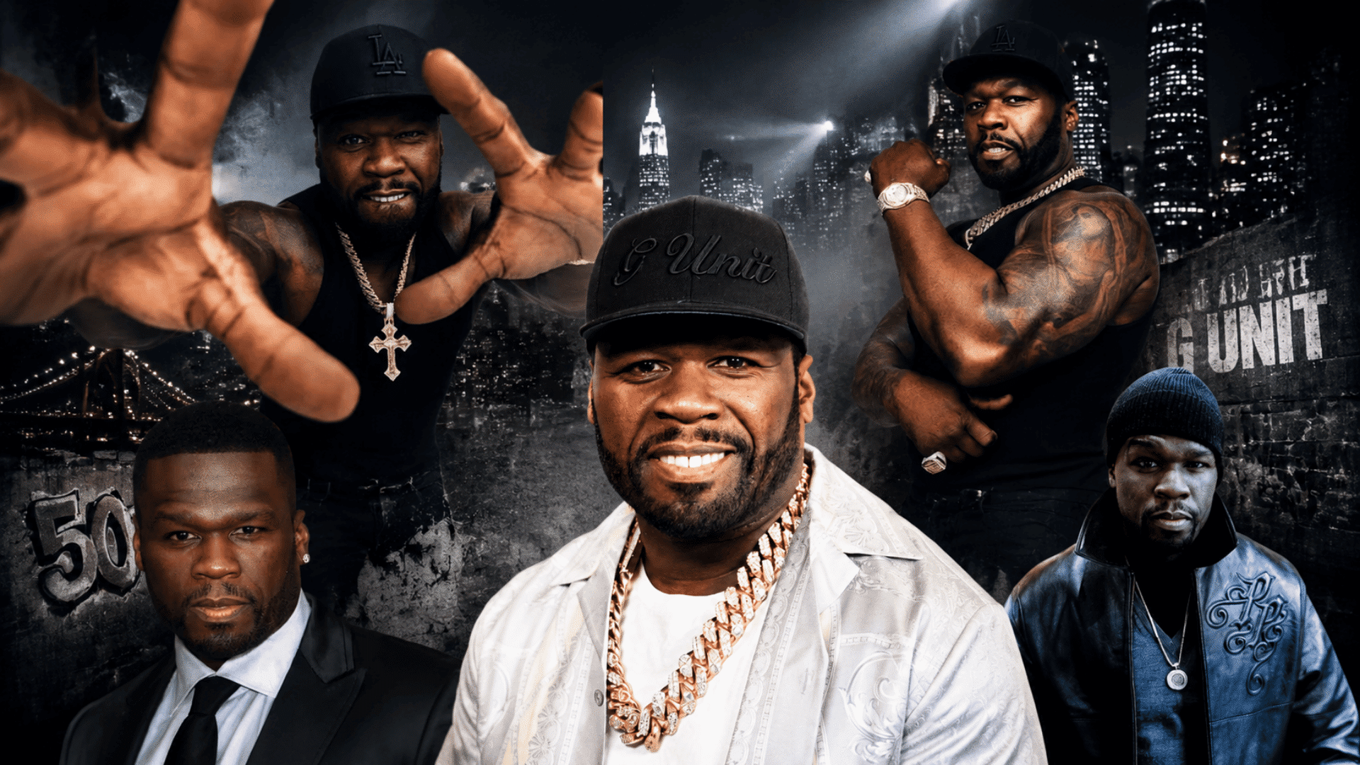 50 Cent net worth collage showing rapper portraits against an urban city background