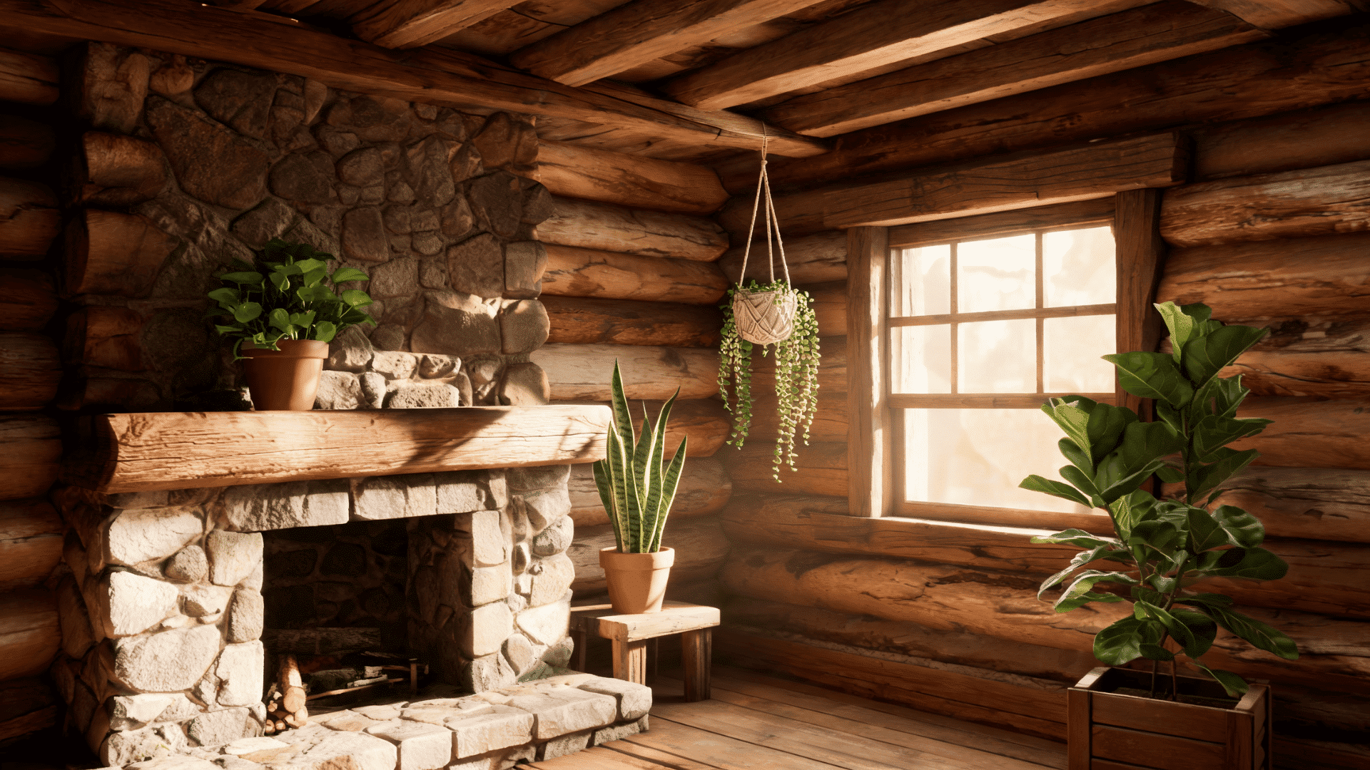 Indoor plants placed inside rustic cabin living space