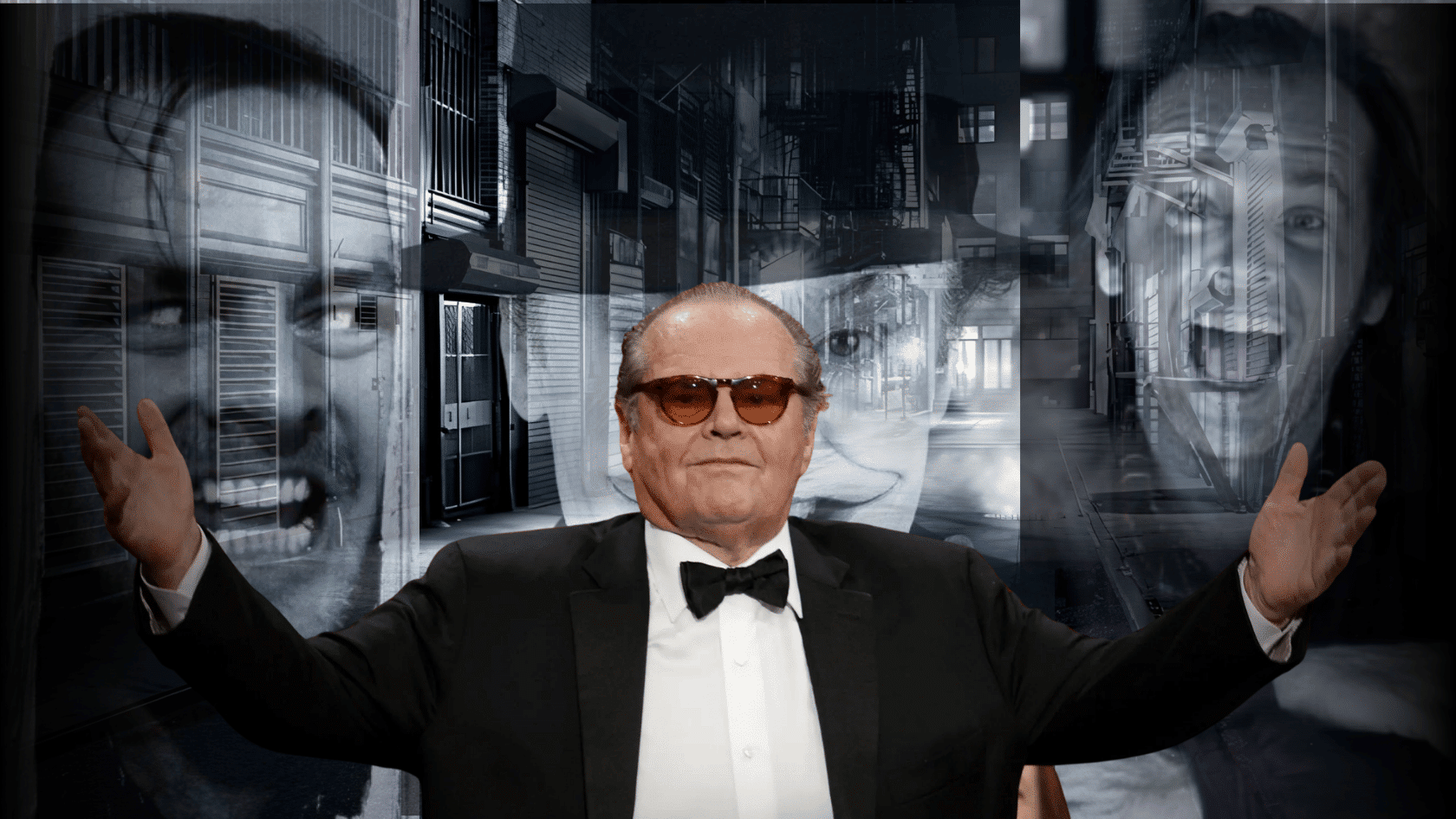 Jack Nicholson in a black tuxedo and sunglasses standing with arms open against a dark city street collage background.