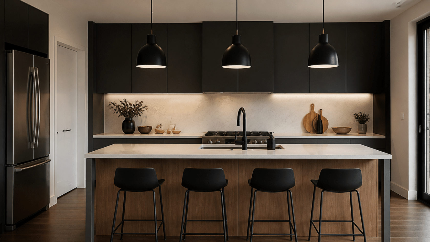 Kitchen showing repetition in interior design through matte black handles, faucet, pendant lights, and uniform cabinet finishes
