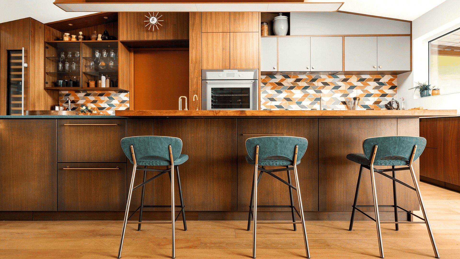 Mid-century modern kitchen with wooden cabinets, geometric tiles, and statement stools