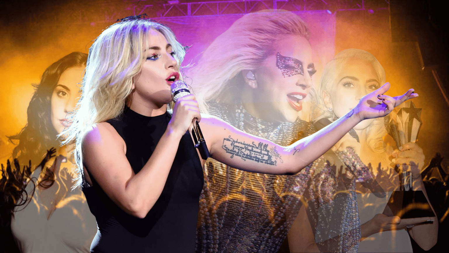 Lady gaga performing with a microphone on stage with colorful concert lights and layered performance images.
