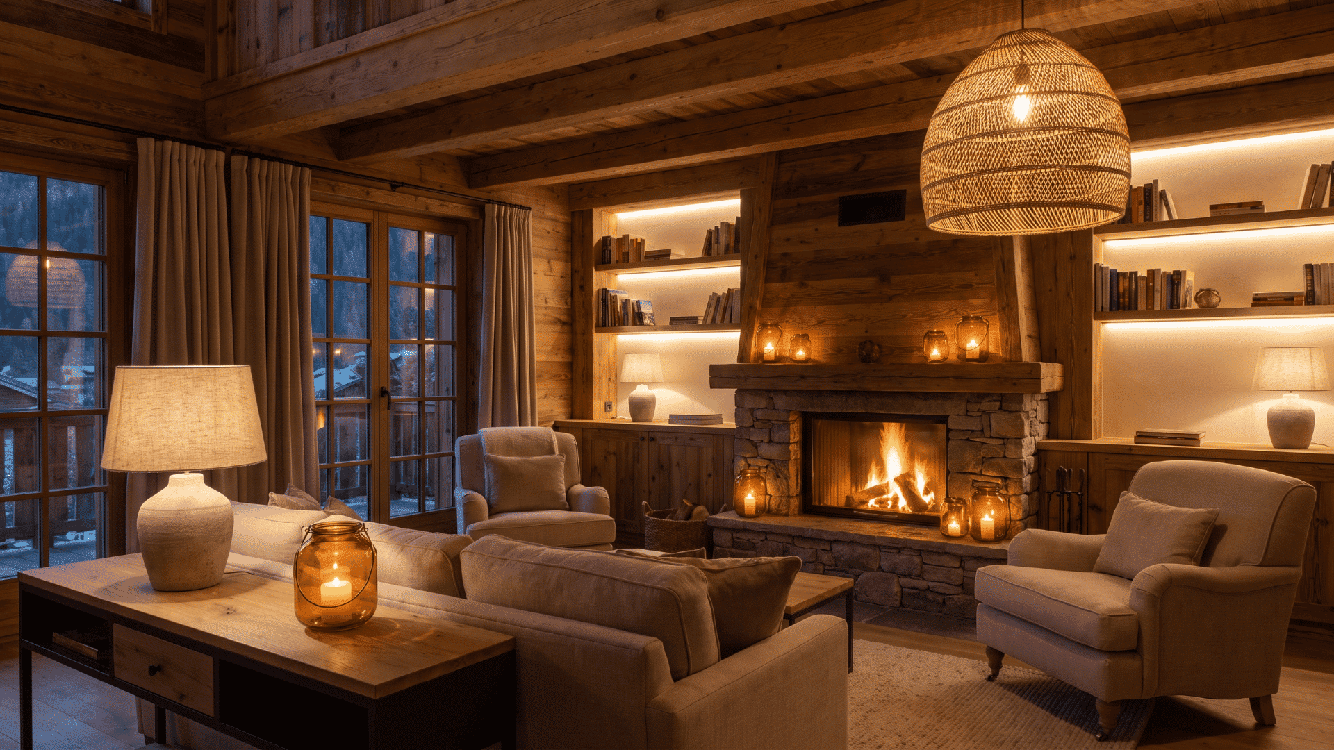 Cabin interior lit with lamps and soft ambient lights